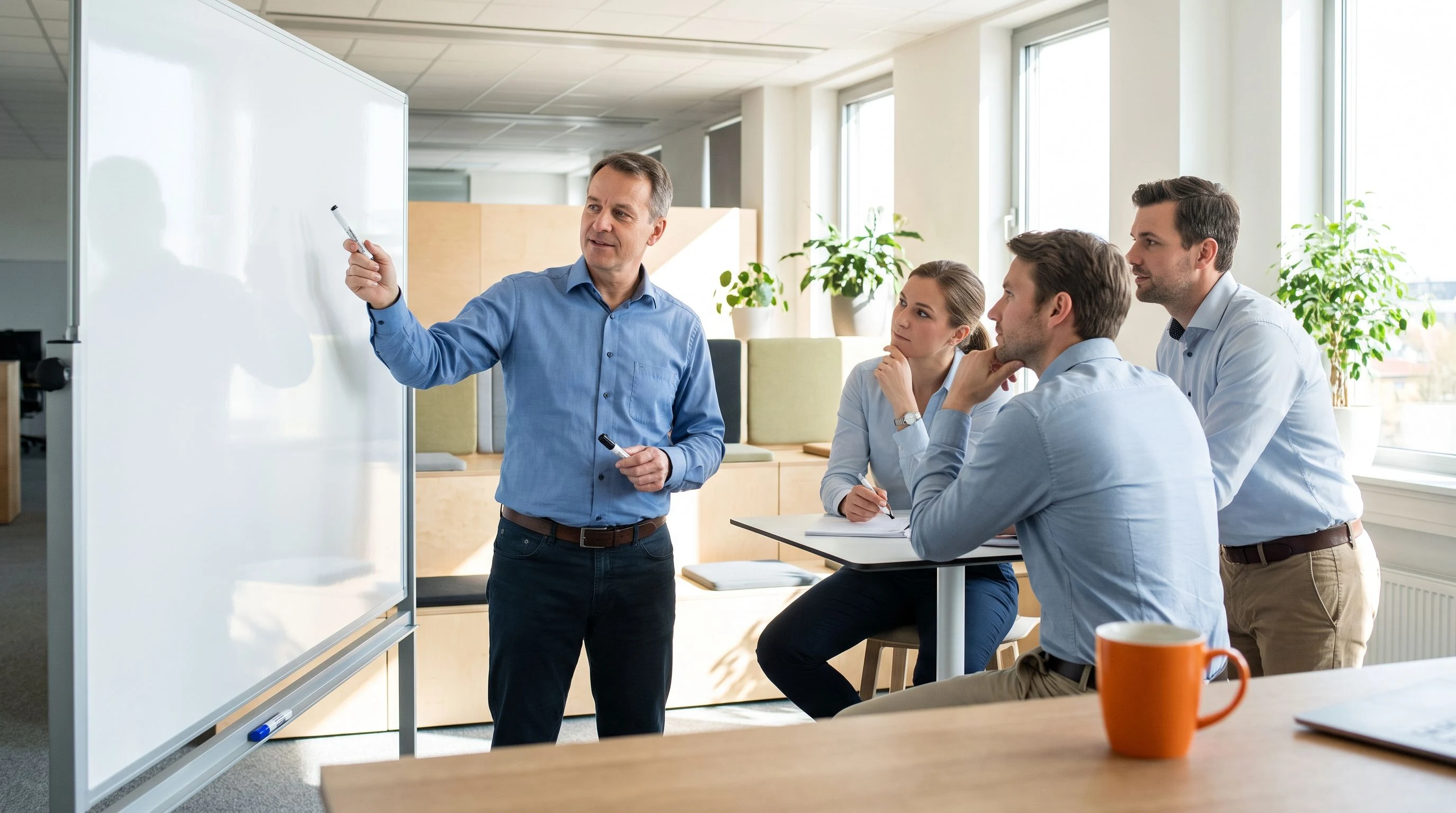 AI engineer working through a complex scenario question on a whiteboard during a technical interview with two interviewers observing