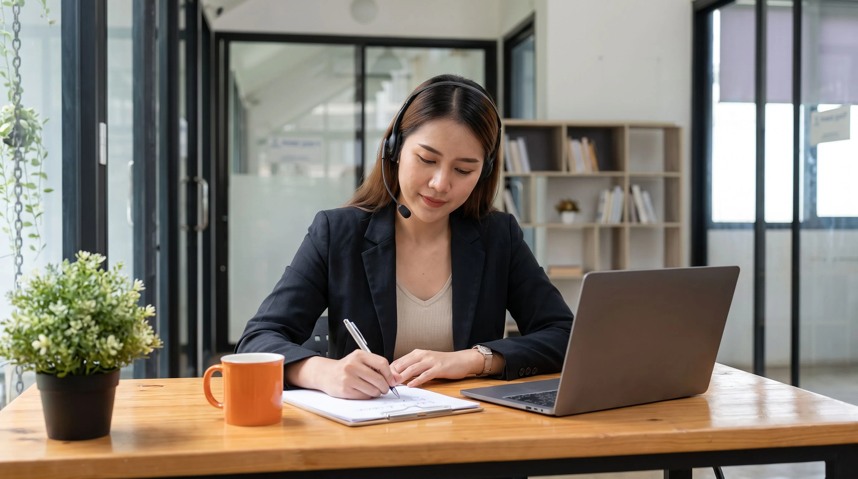 Technical recruiter screening AI engineer resumes on a laptop with a stack of reviewed profiles on the desk