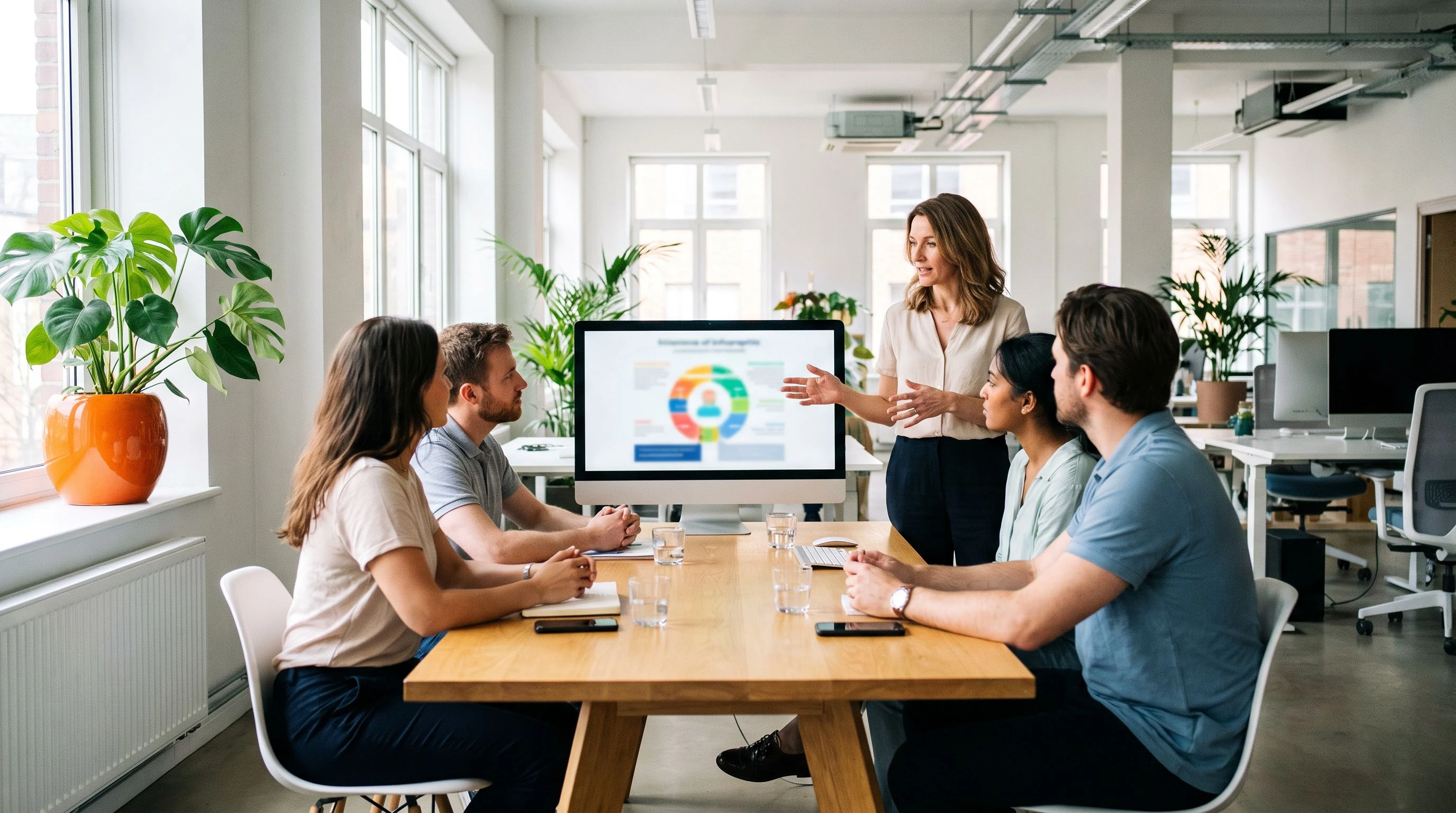 Engineering team in a meeting room reviewing finalized AI engineer job description before posting, whiteboards visible in background