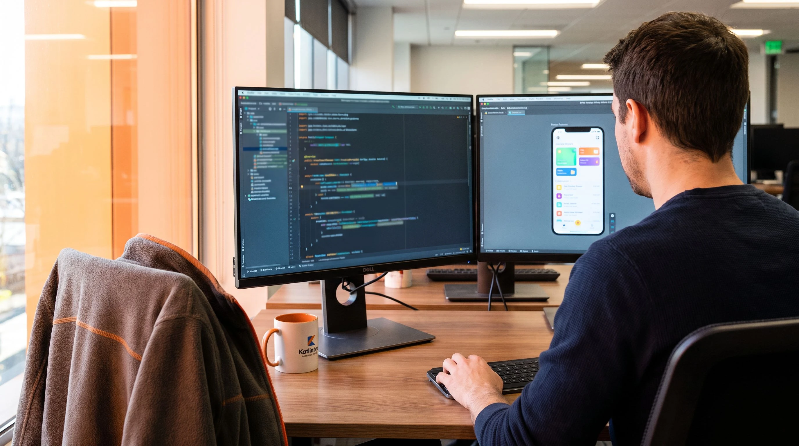 Android developer reviewing Jetpack Compose code and an app UI preview on dual monitors