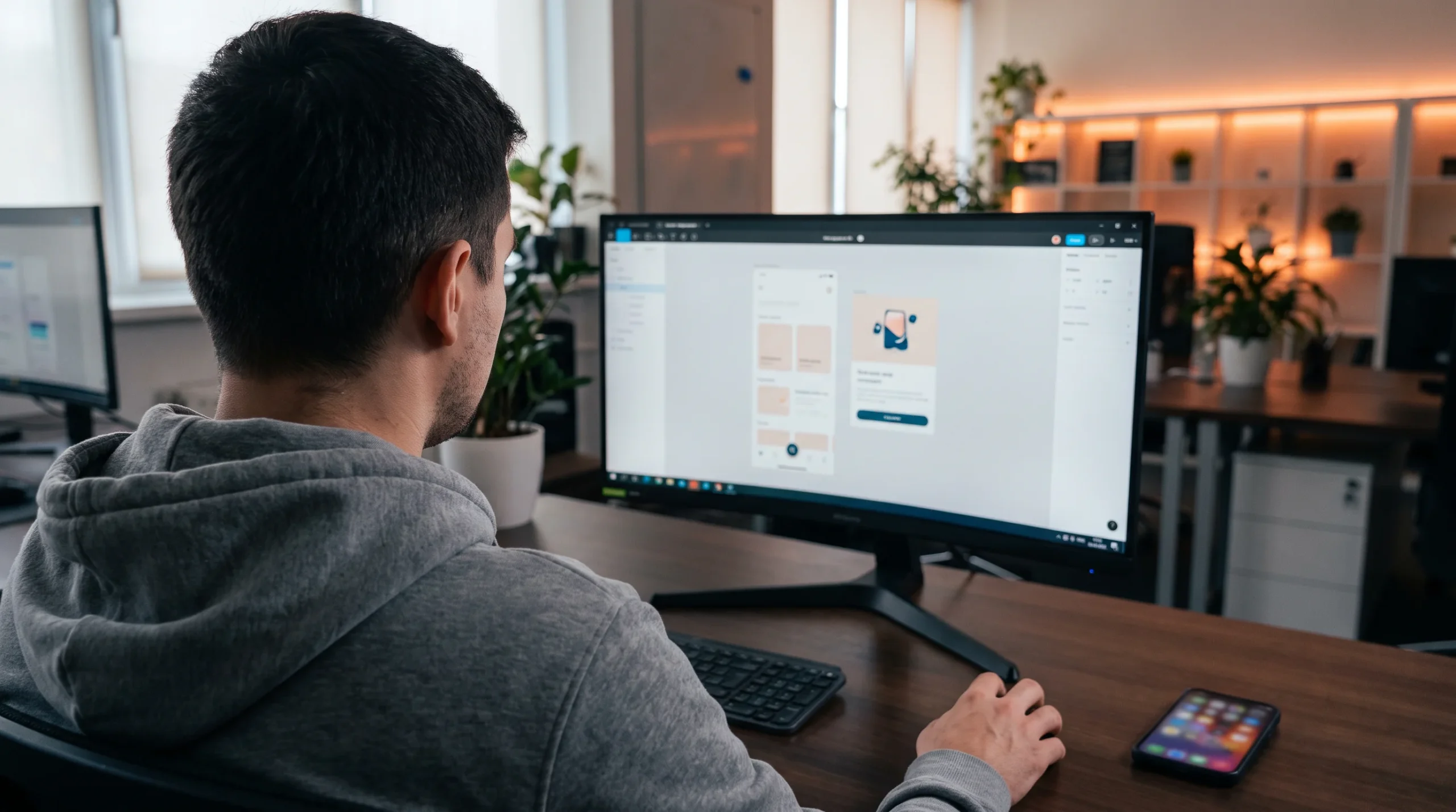 Developer reviewing a Jetpack Compose mobile app UI layout with card components on a monitor