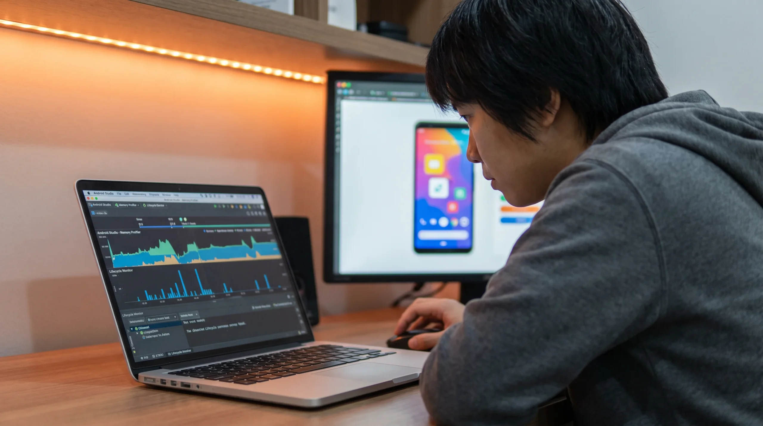 Android developer analyzing a memory profiler and lifecycle monitor to trace a Context leak