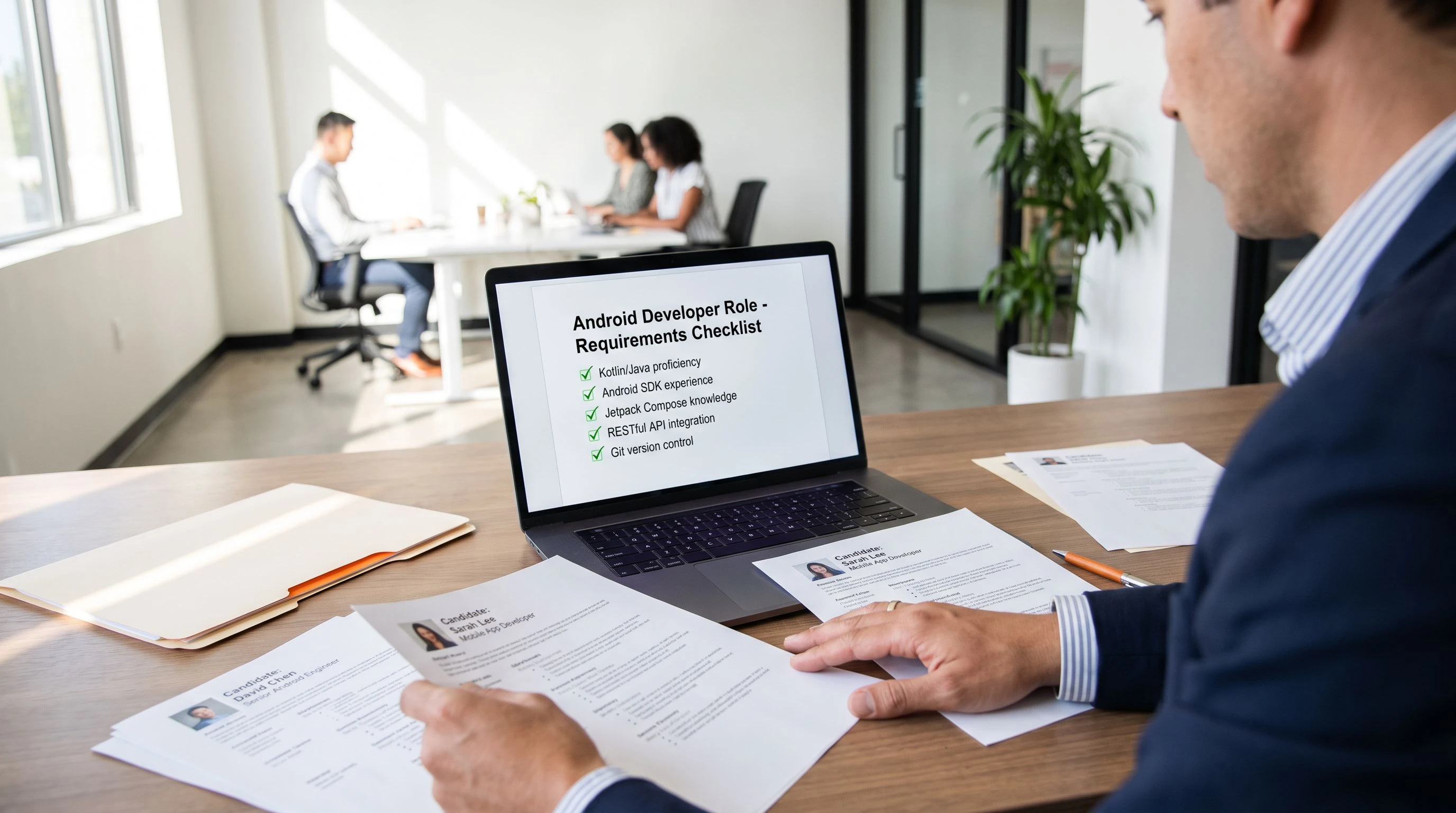 Hiring manager comparing Android developer candidate resumes against a job requirements checklist on a laptop