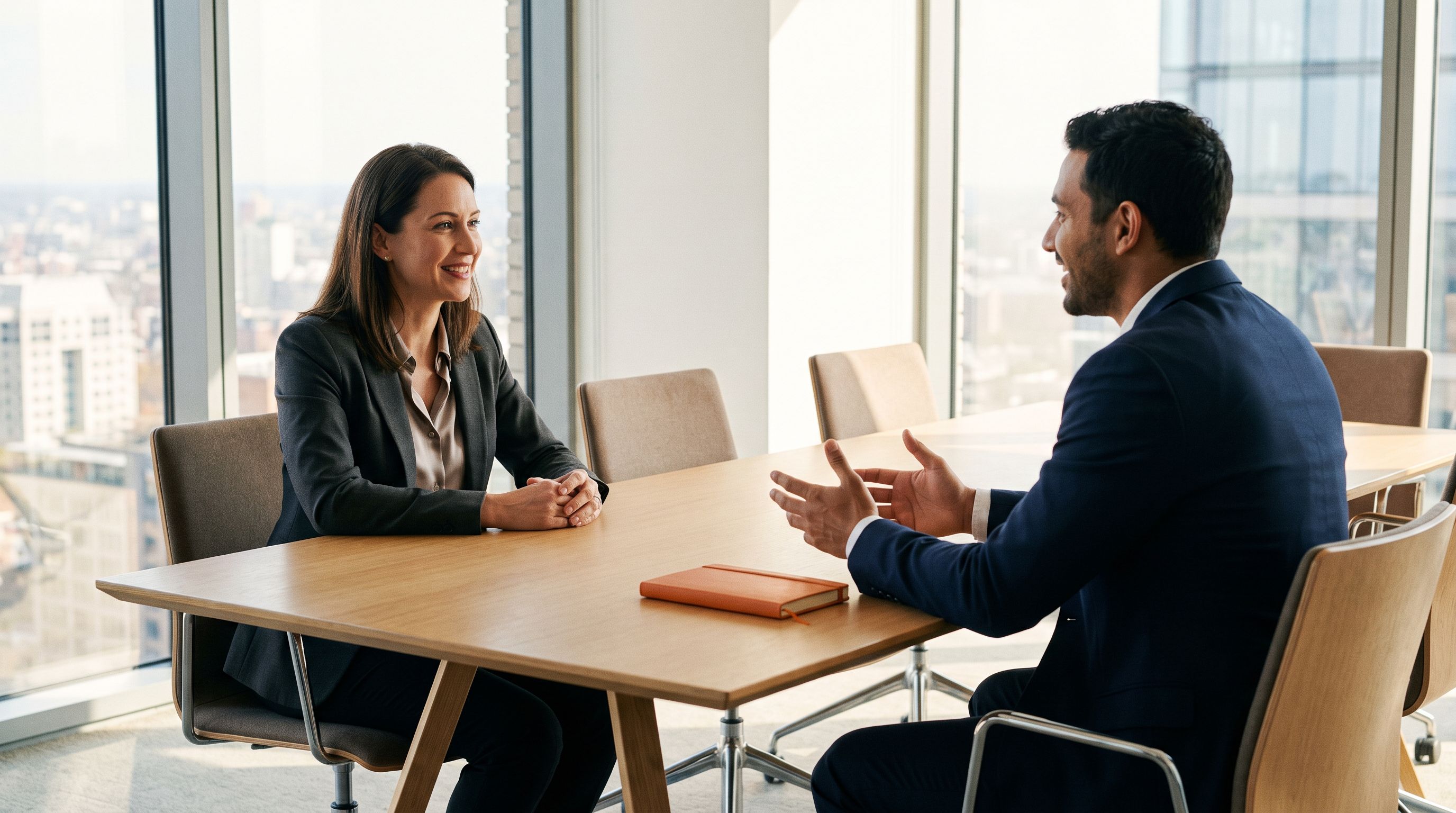 Two professionals in a modern conference room conducting a job interview, orange notebook on table