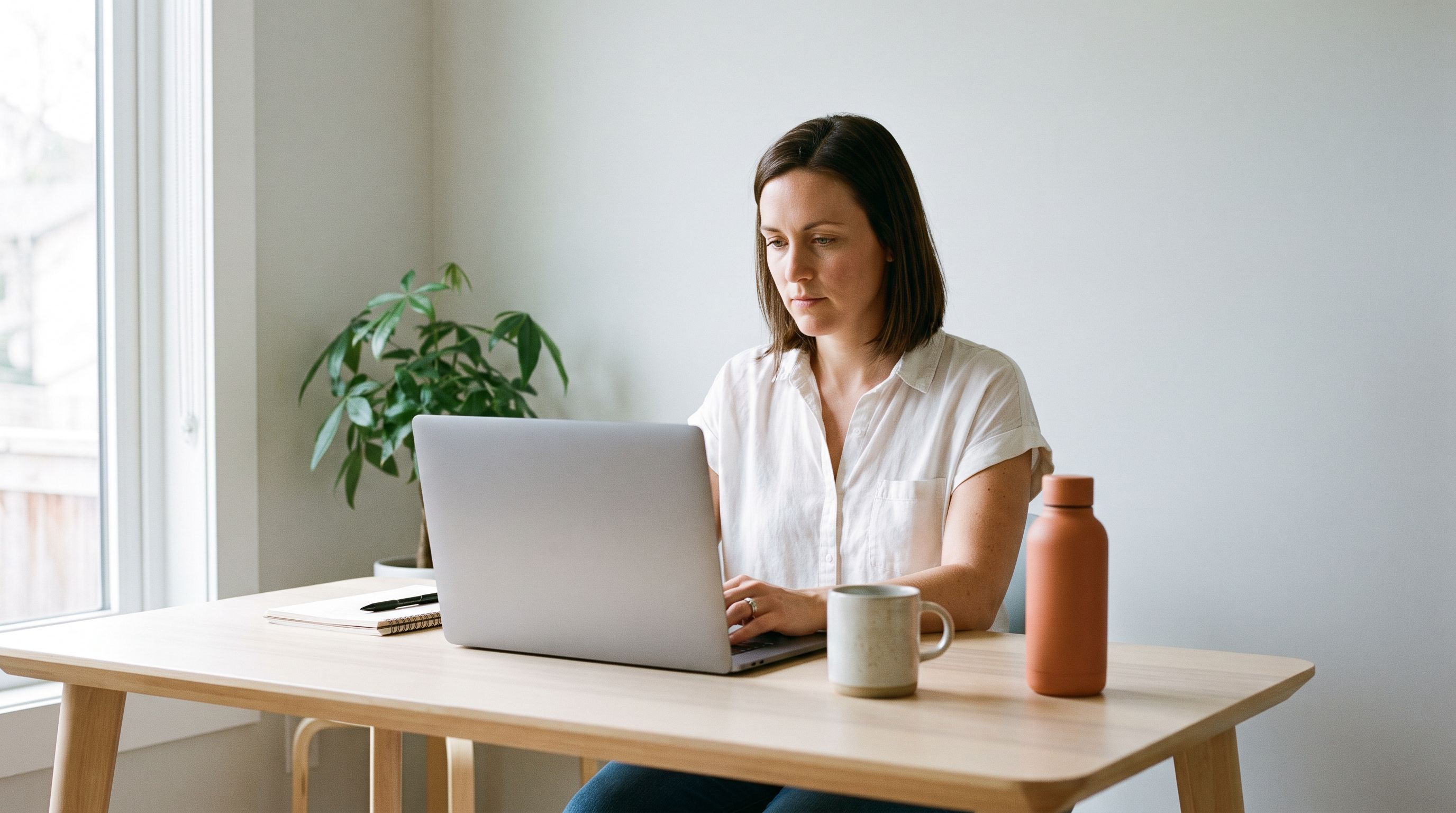 Remote bookkeeper working on a laptop at a clean home office desk, orange water bottle beside laptop