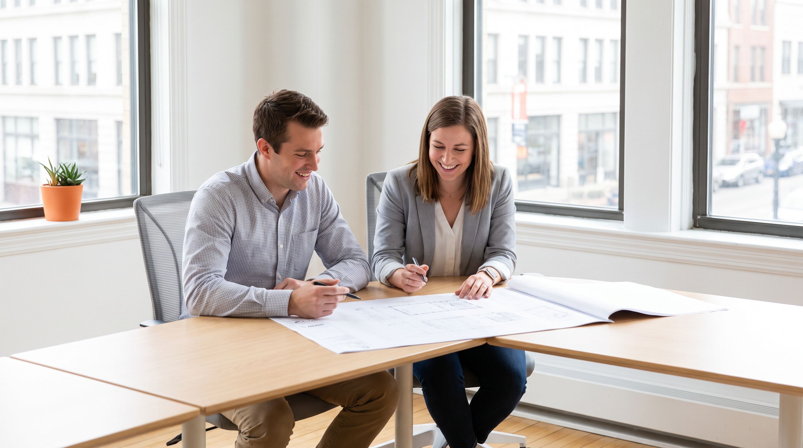 Two professionals reviewing a job description document together at a desk with an orange plant pot nearby
