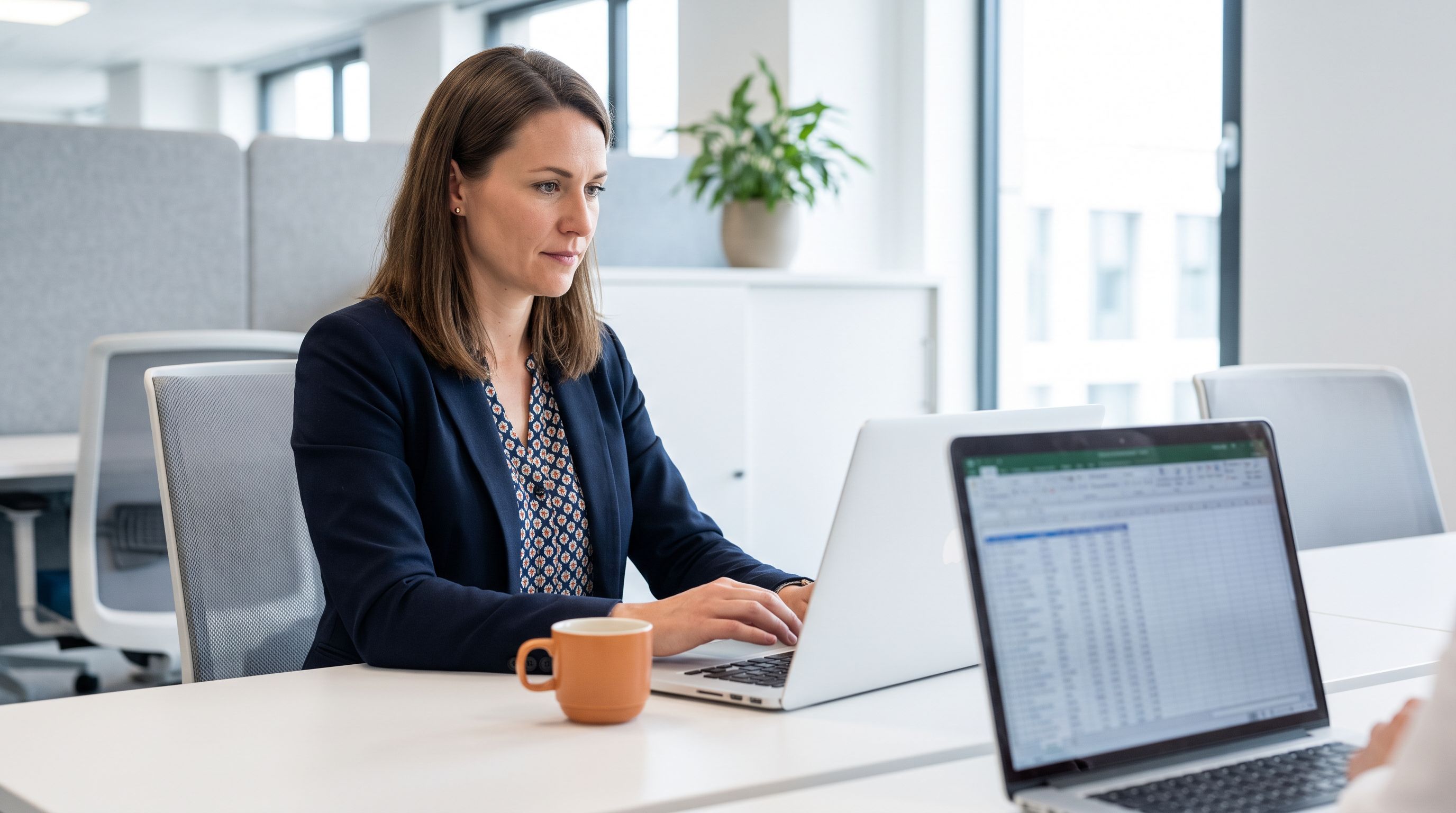 Offshore bookkeeper working on a laptop with accounting software open, orange coffee mug on the desk