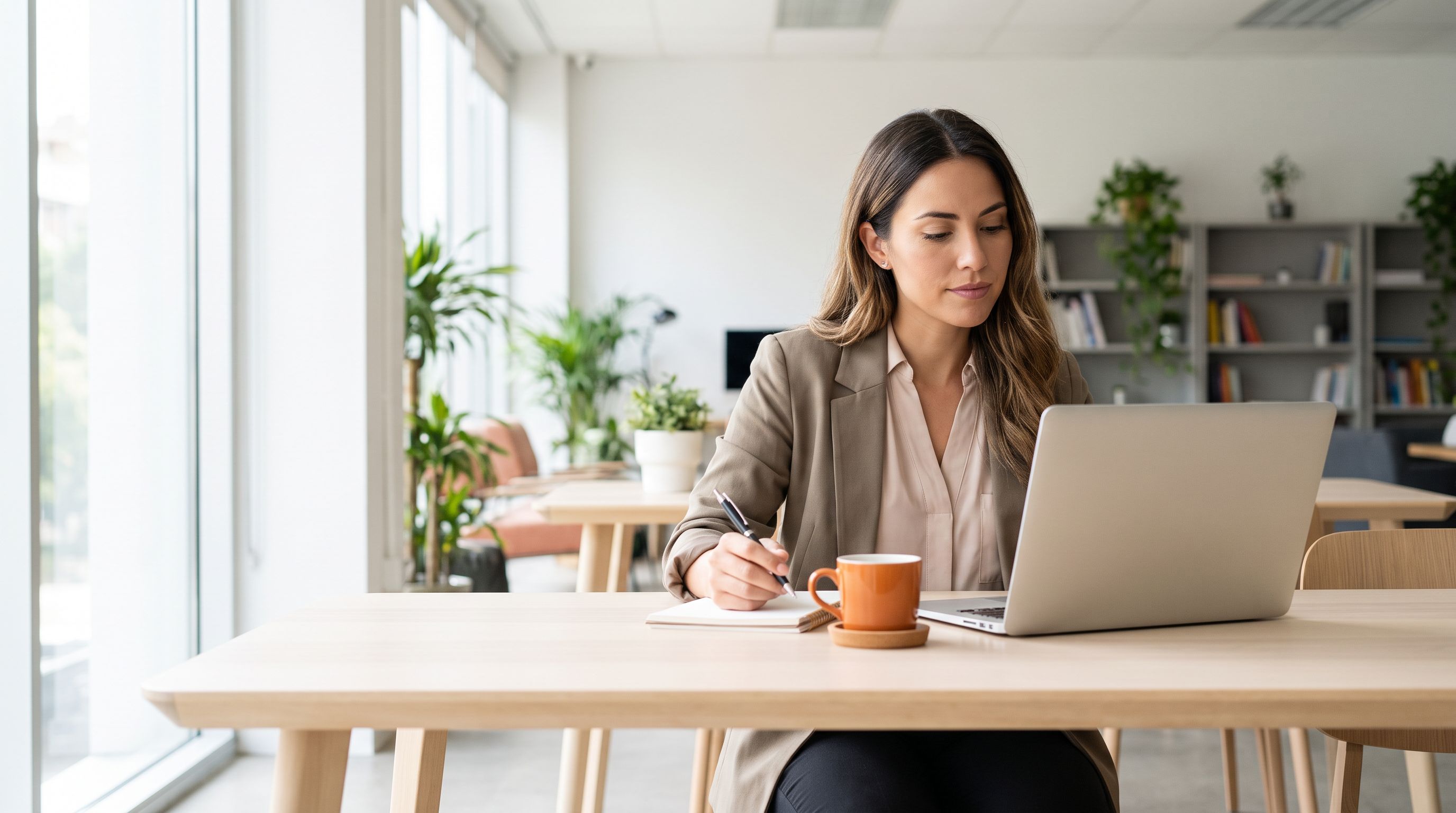 Bookkeeper candidate preparing notes on a tablet before a video interview, orange coffee cup on the desk