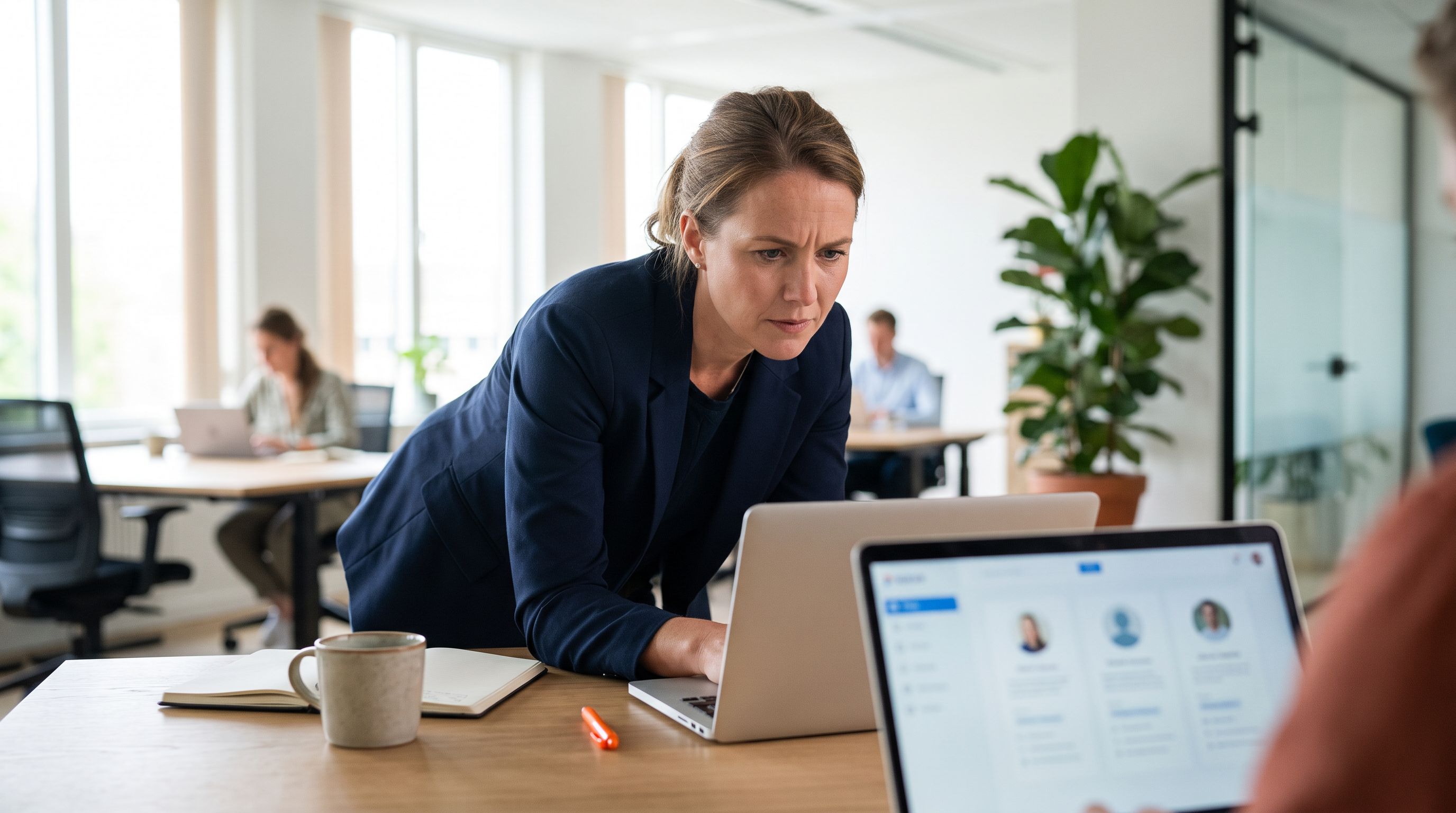 Recruiter reviewing a bookkeeper candidate profile on a laptop, orange pen in hand at the desk