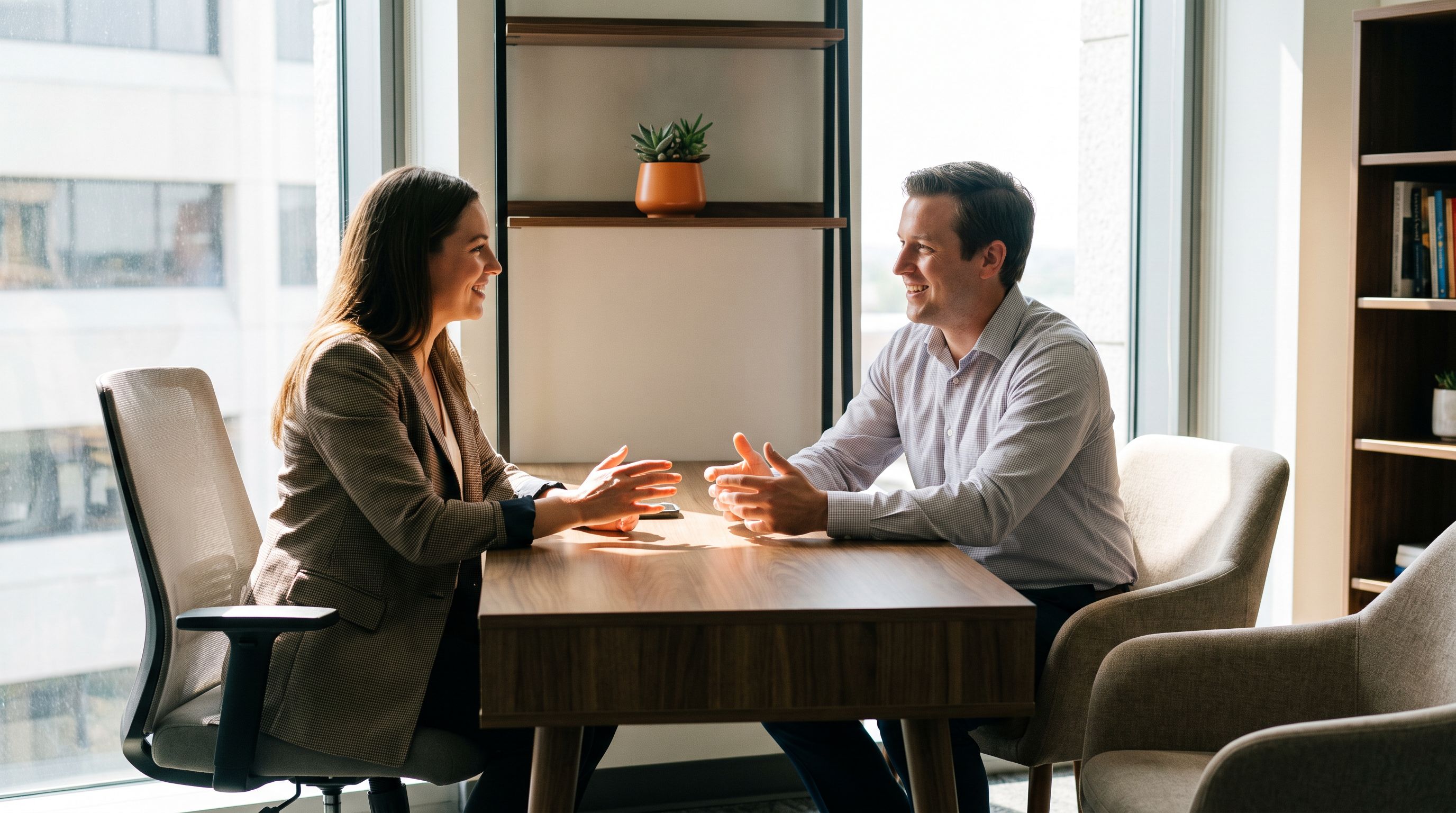 Two finance professionals meeting to review offshore staffing cost results on a report, orange plant pot on the desk