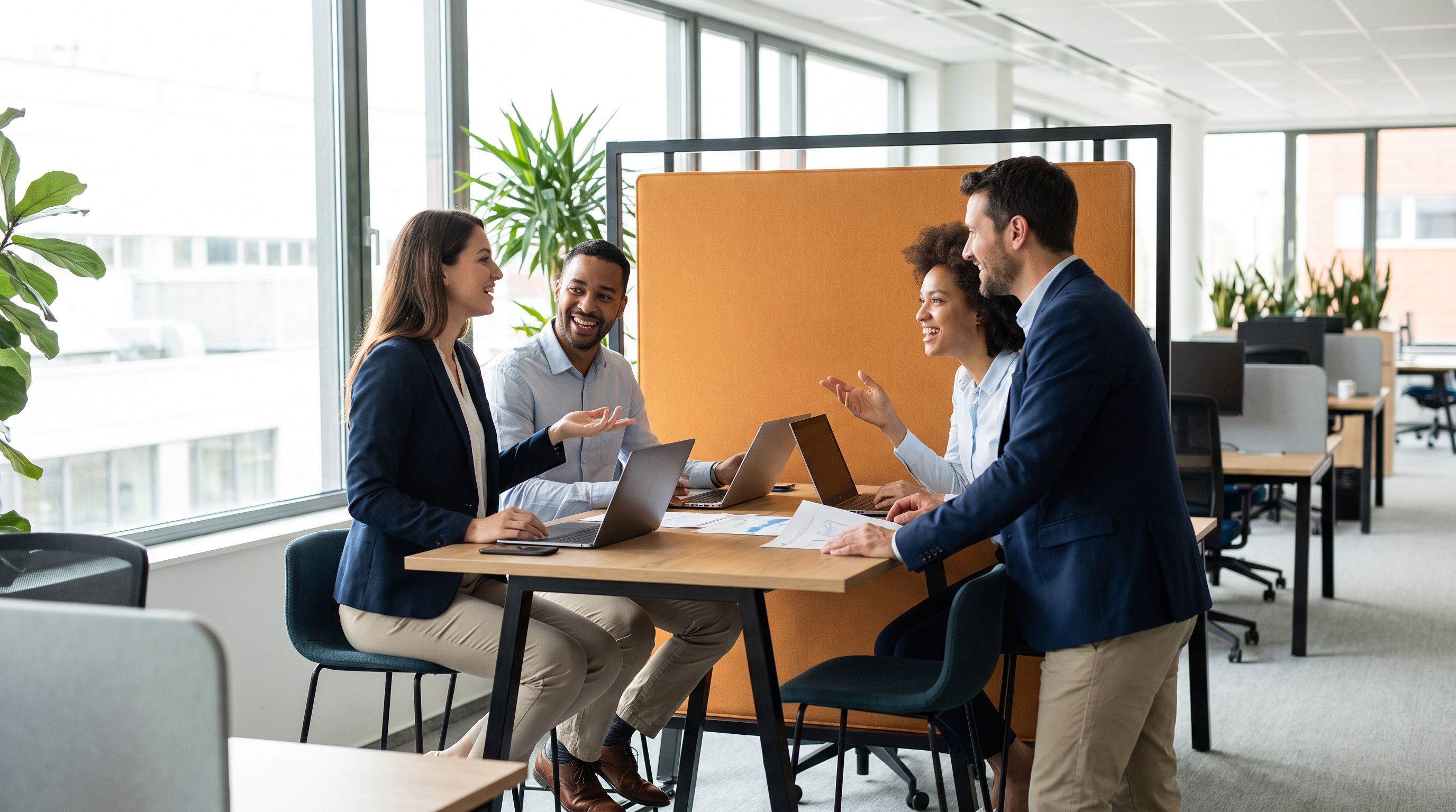 Diverse team of four finance professionals in a bright meeting room, orange accent wall behind them