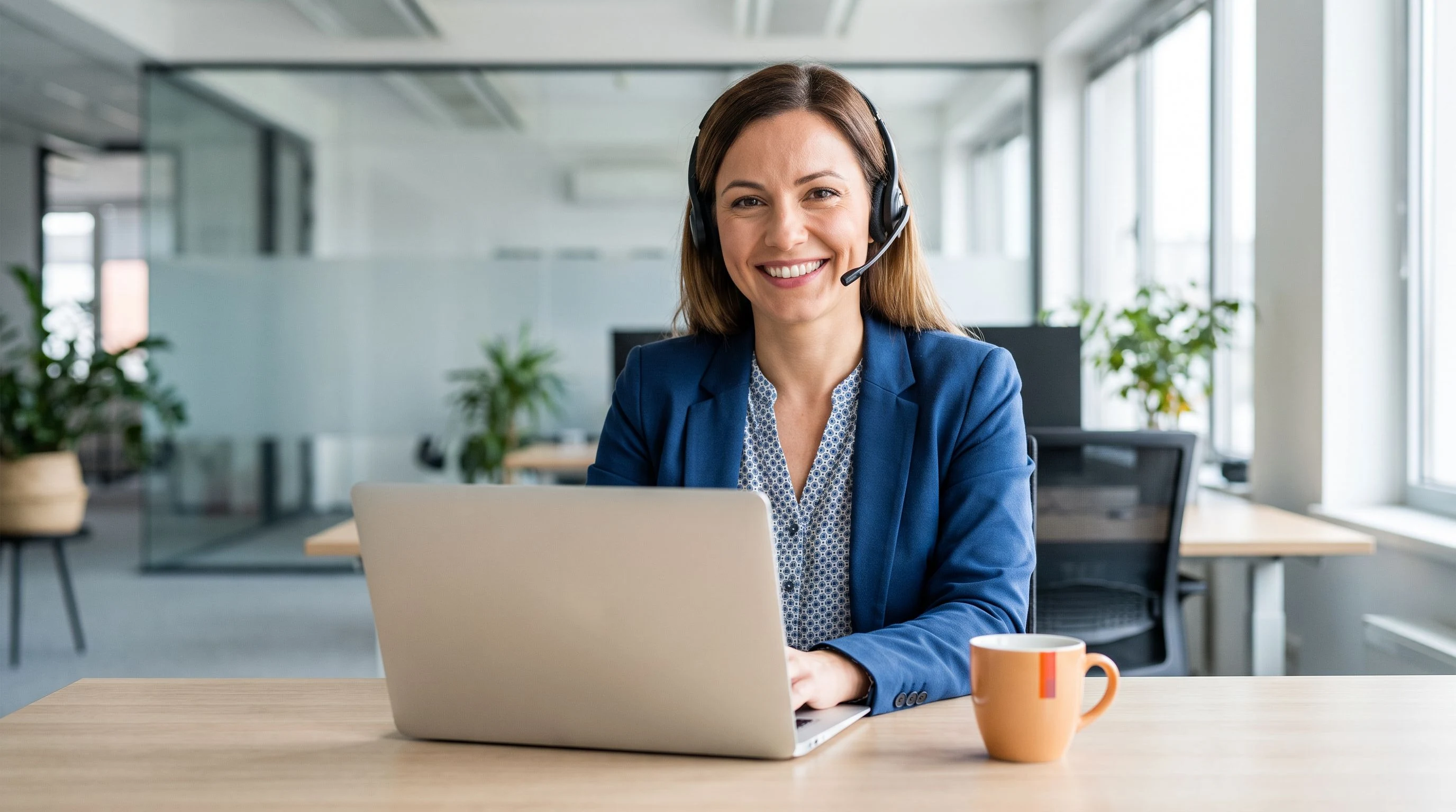 Offshore customer service representative on headset in modern office