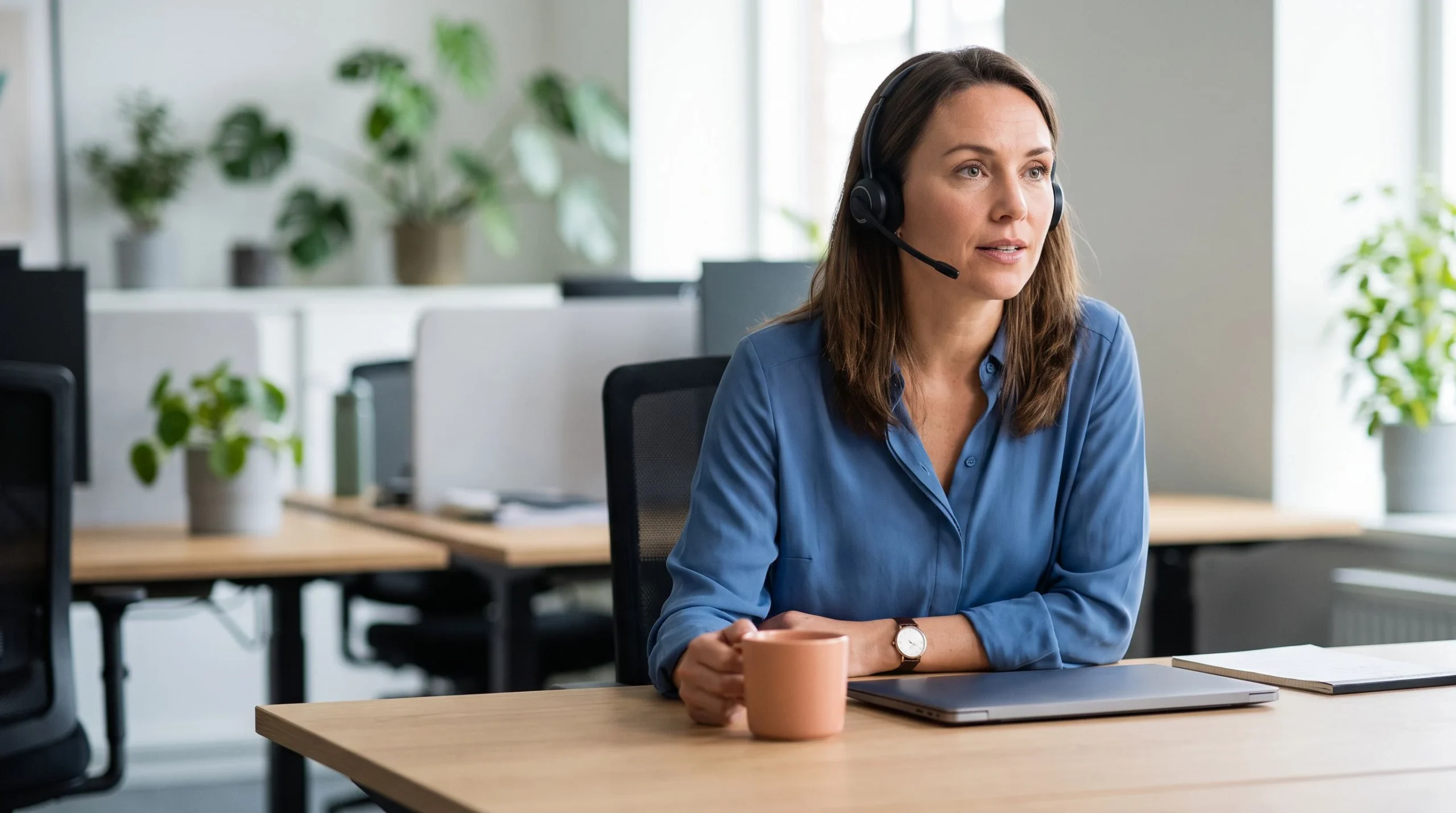 Customer service representative on headset de-escalating a difficult call, orange accent on desk