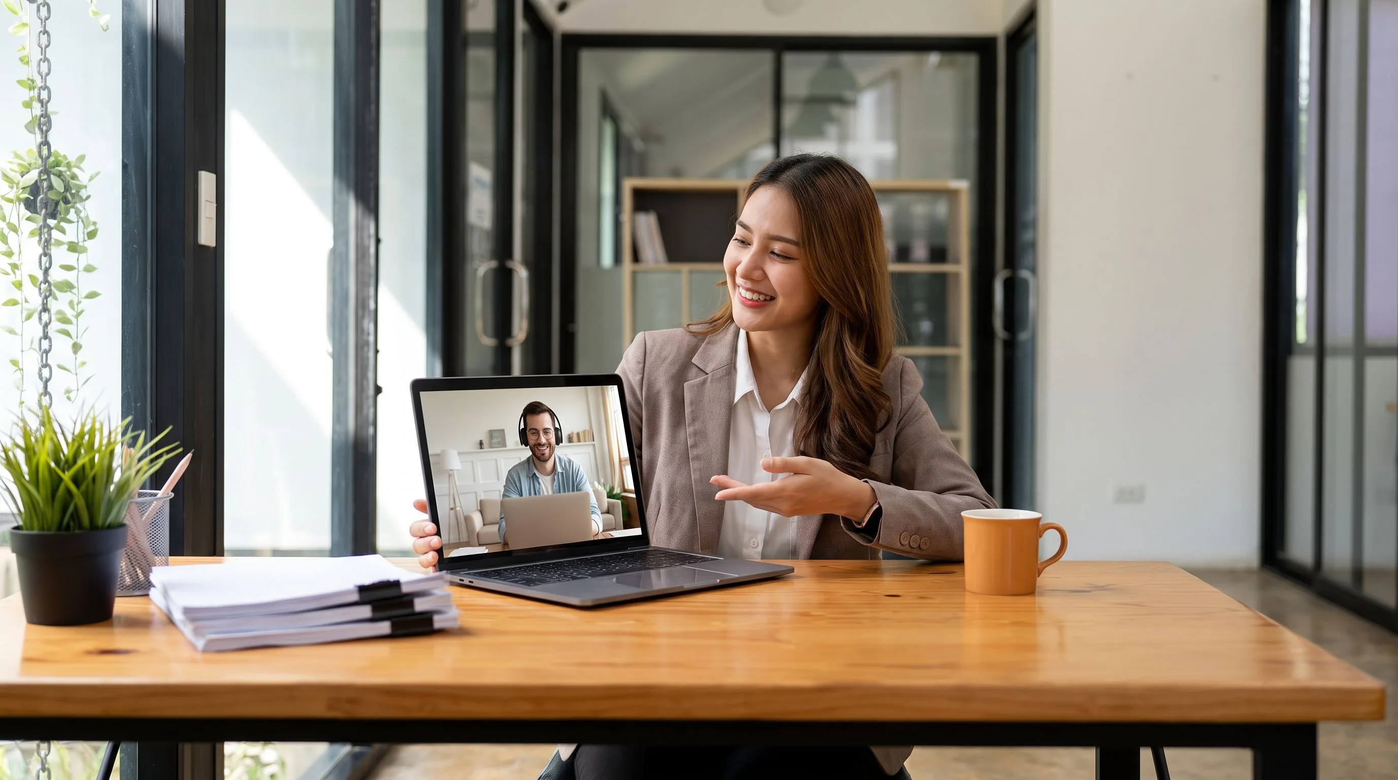 Hiring manager conducting a video interview with an offshore customer service representative candidate on a laptop
