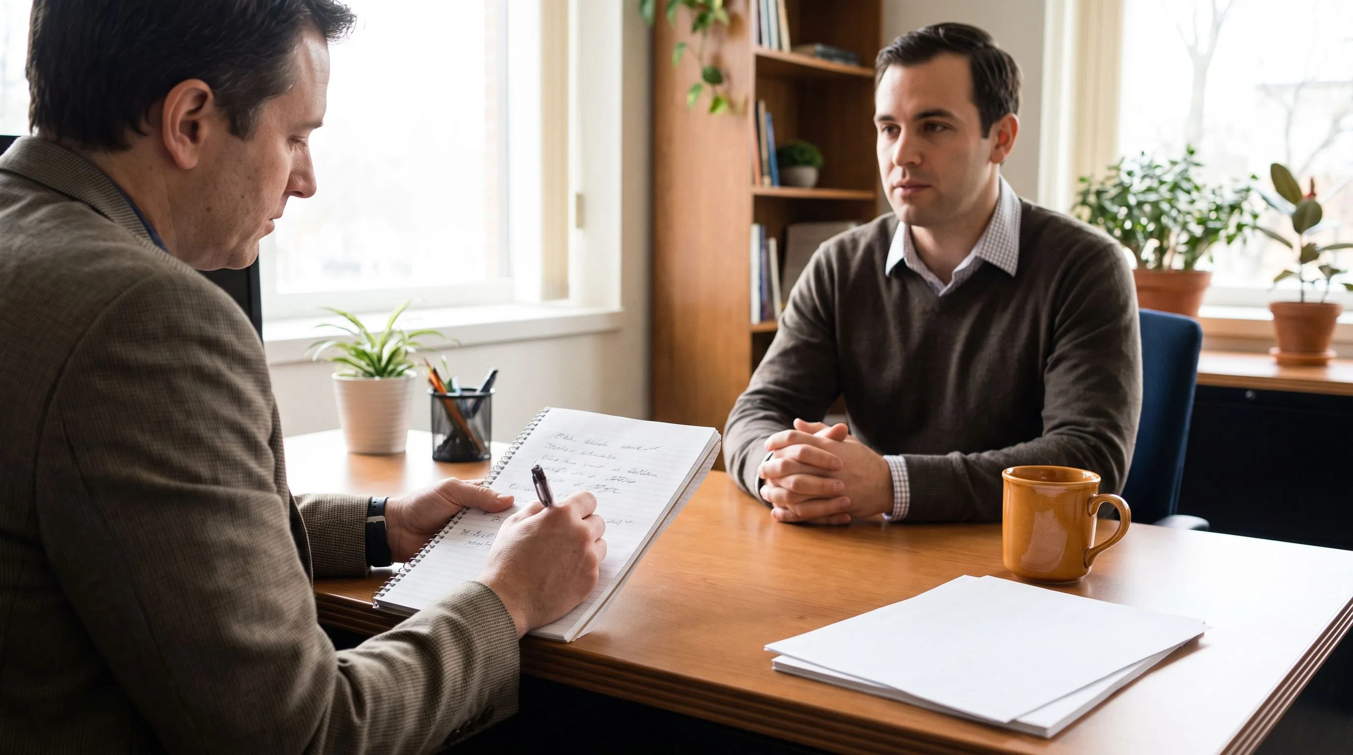 Interviewer taking structured notes during a CSR candidate interview, orange accent on desk, professional office setting