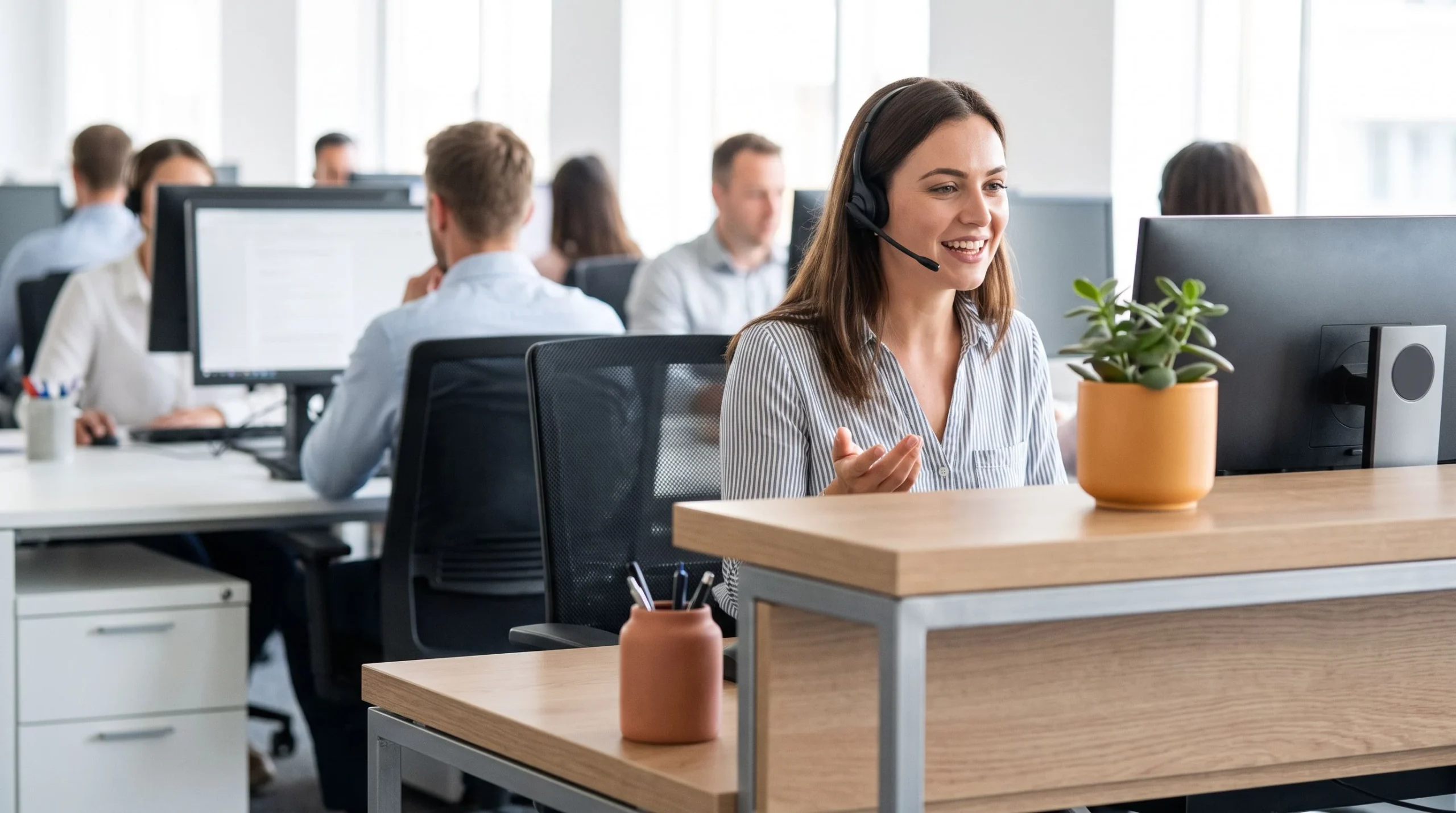 Customer service representative on a phone call at a professional offshore support desk, warm orange accent on desk items