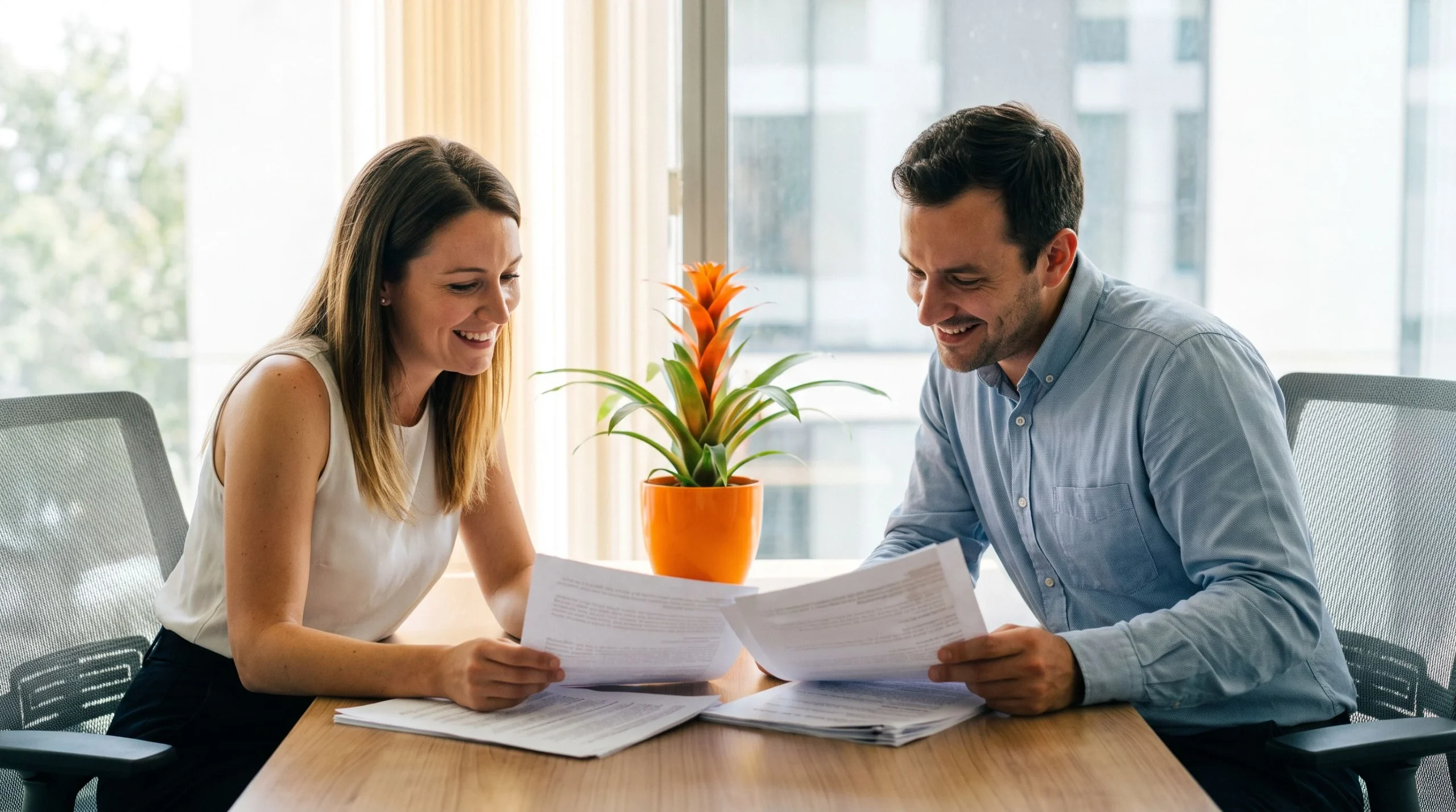 Manager and HR professional reviewing offshore CSR compensation and salary guide documents together, orange accent plant on desk