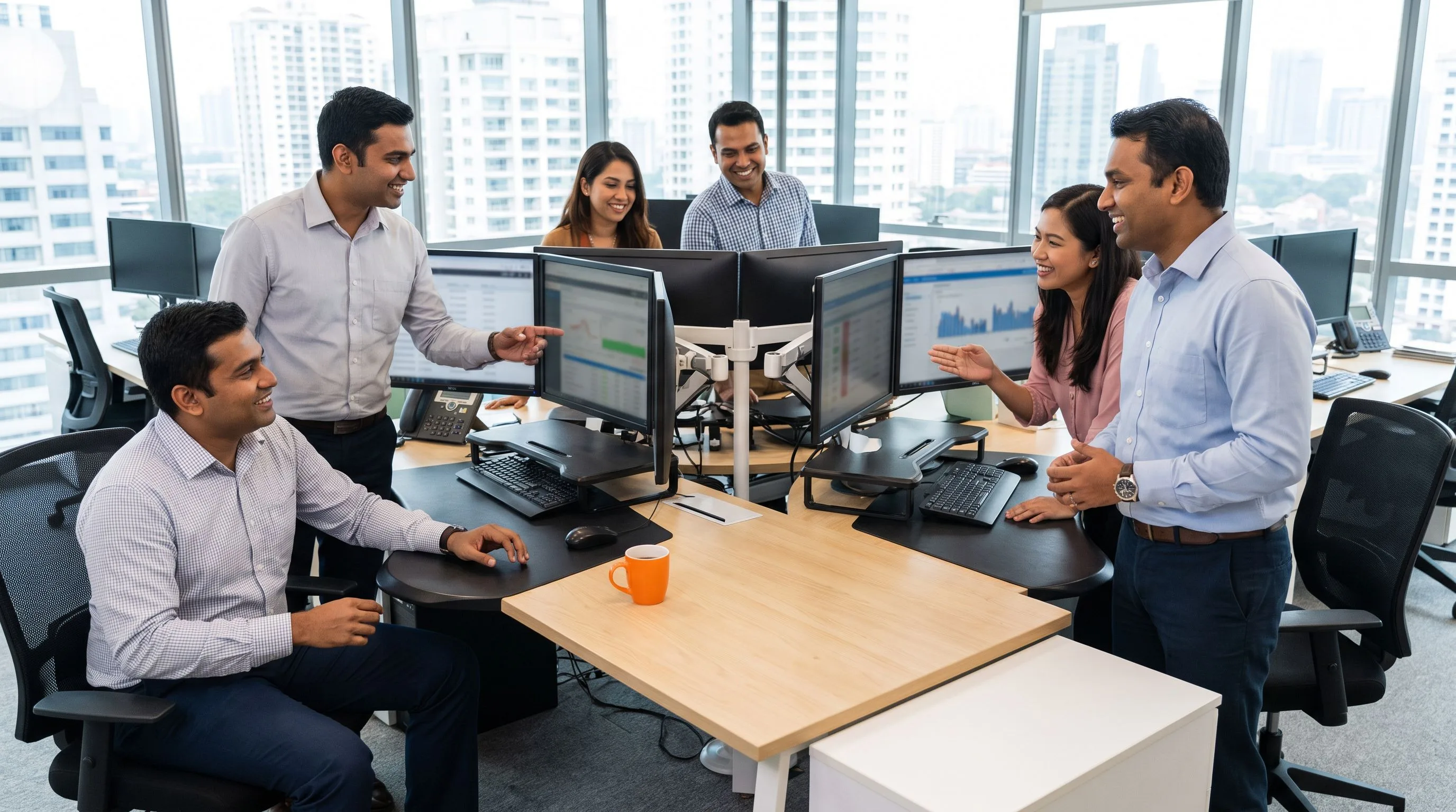 Offshore customer support team collaborating at workstations in a bright modern office