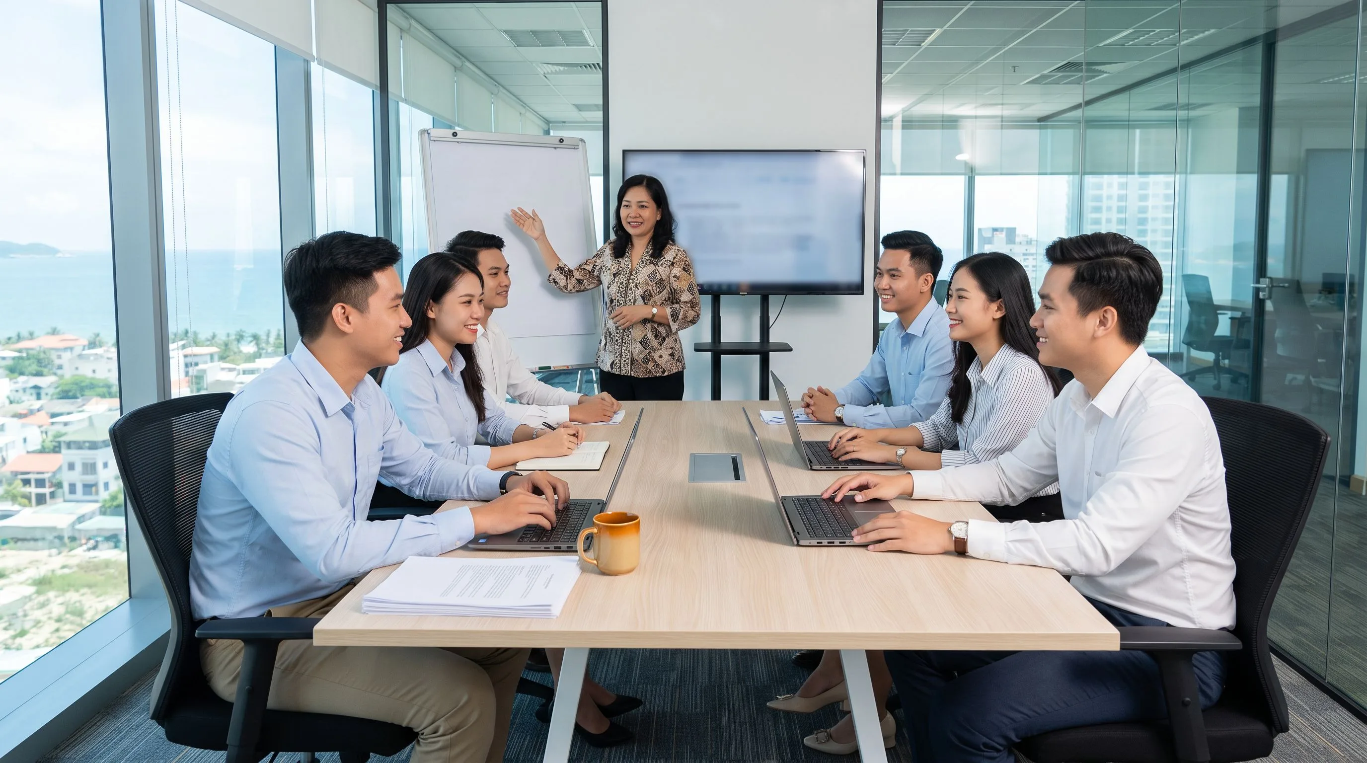 Offshore customer support team at workstations in a bright modern office reviewing support queues