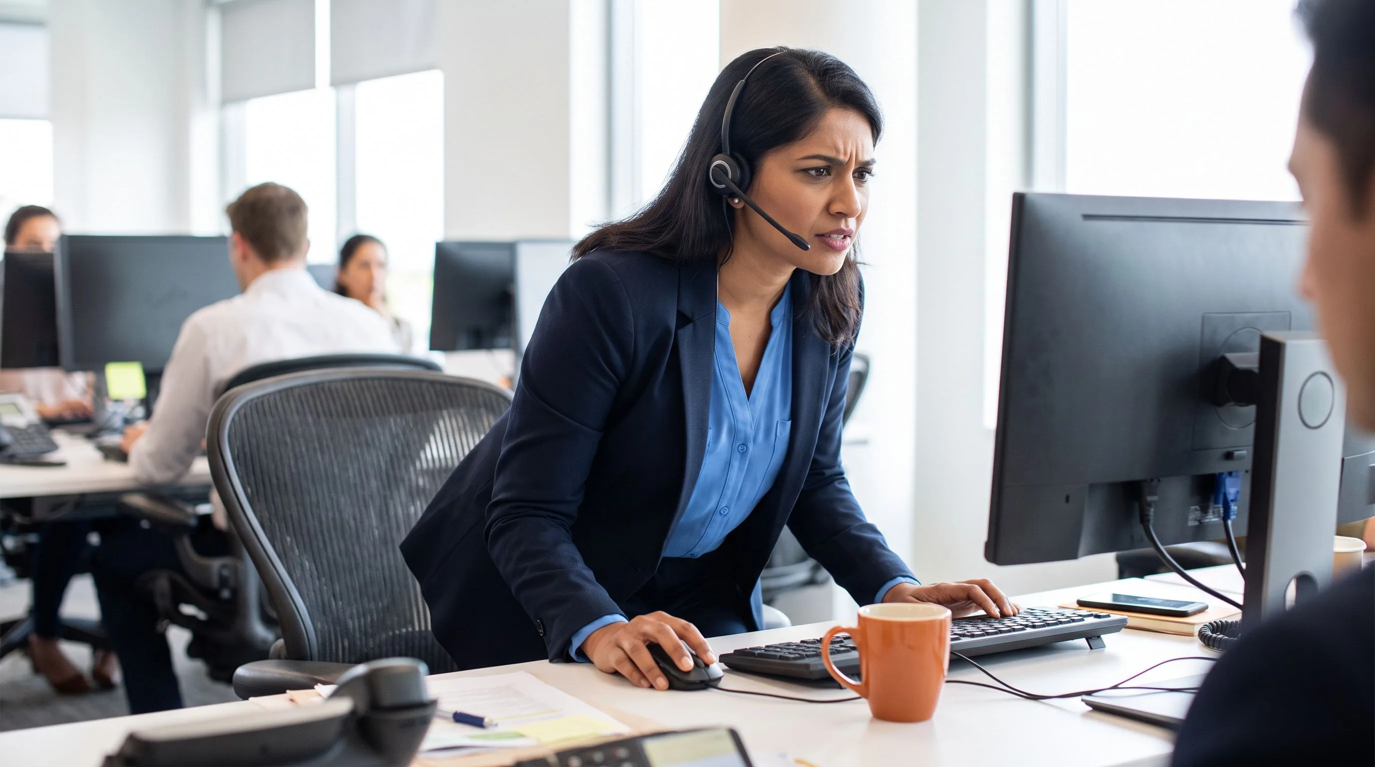 Customer support team lead reviewing escalation protocols with a new offshore support representative in a modern office