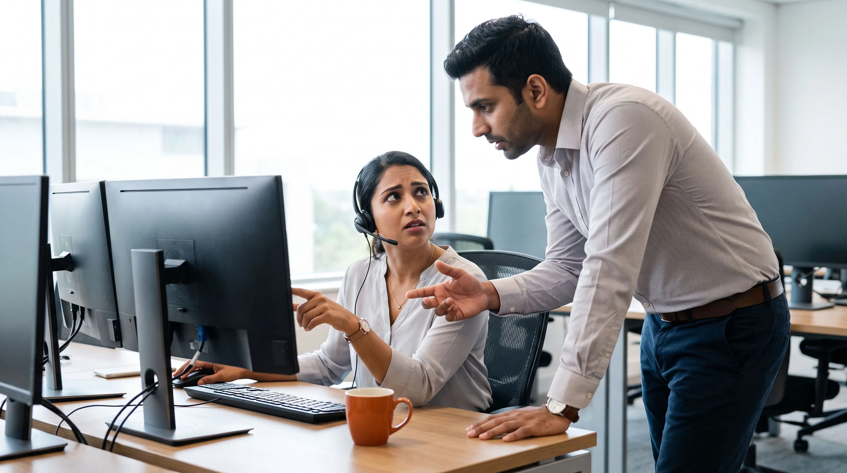 Interview panel of two professionals reviewing customer support candidate notes in a modern conference room