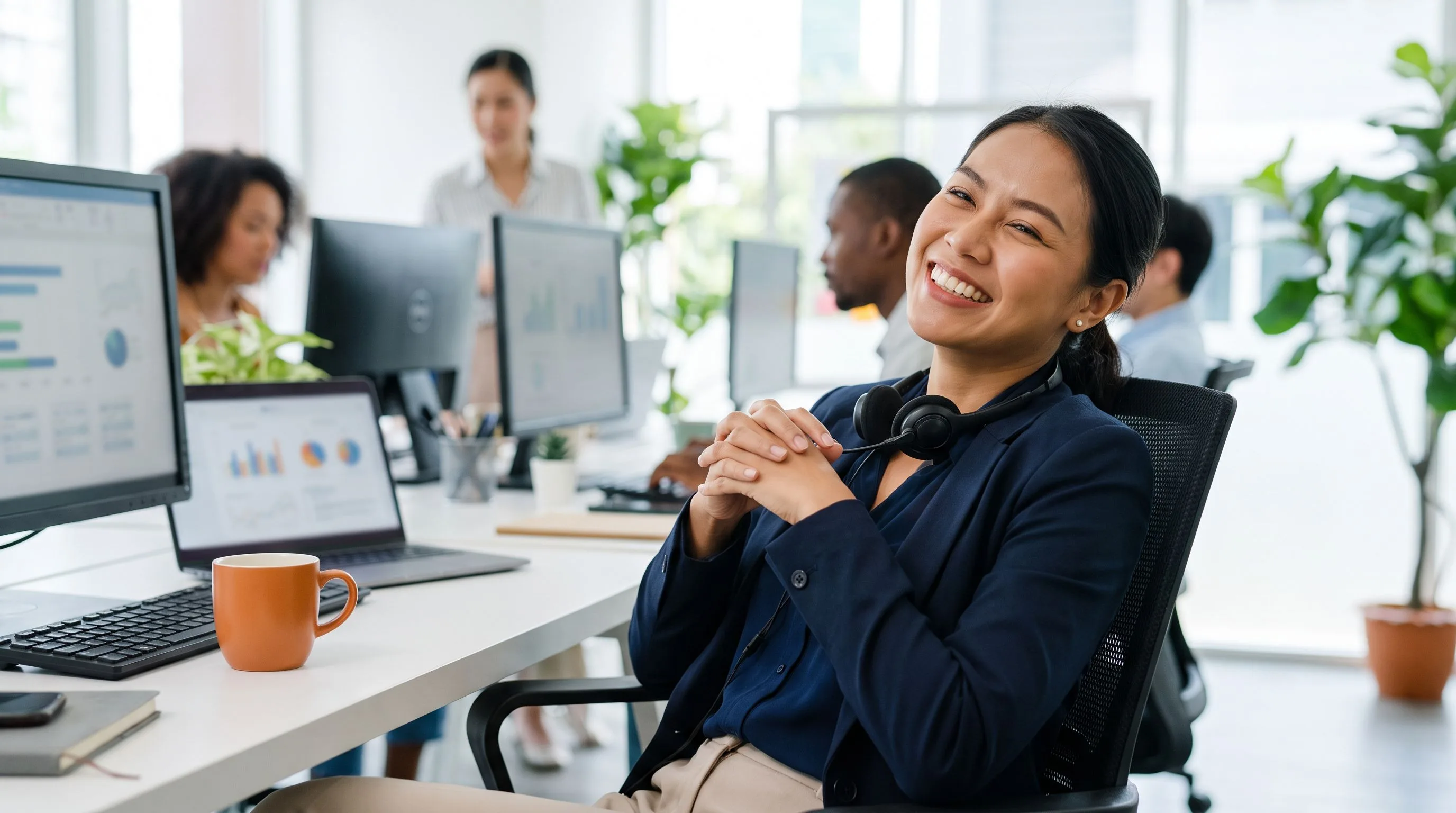 Interviewer taking structured notes during a customer support candidate interview, orange accent on desk, professional office setting