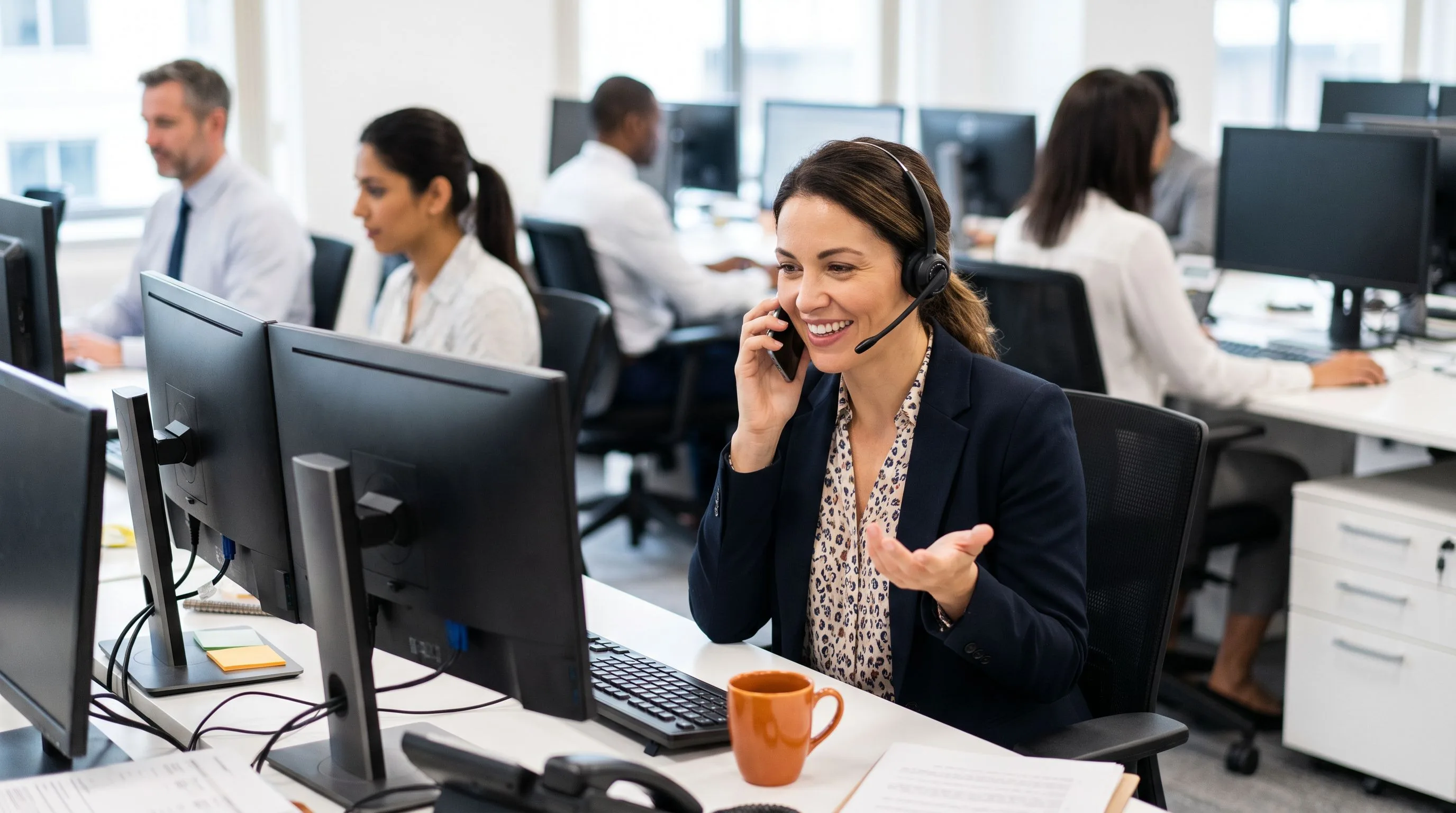 Offshore customer support representative on phone call helping customer in a modern open office
