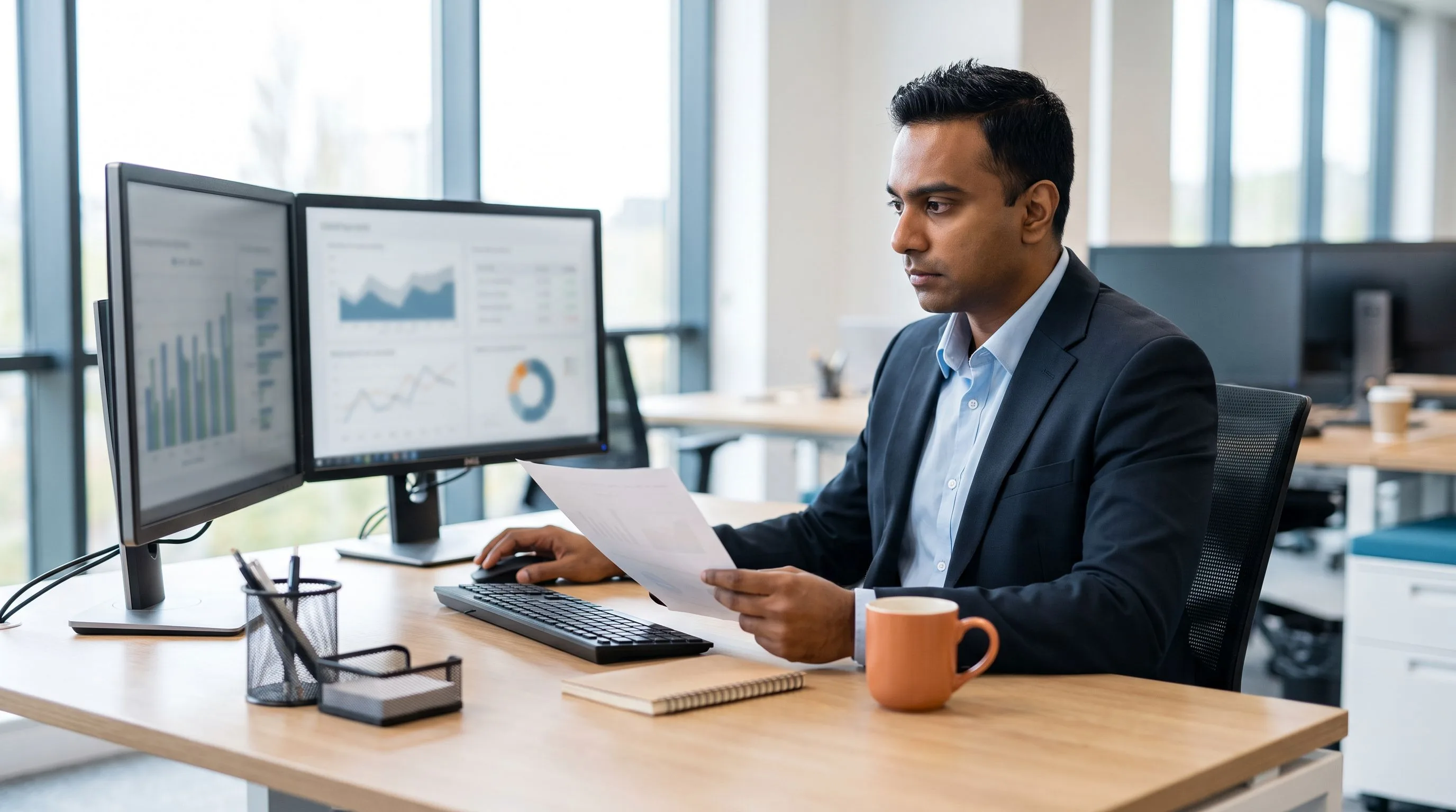 Two HR professionals reviewing interview scorecards and candidate profiles in a bright modern meeting room