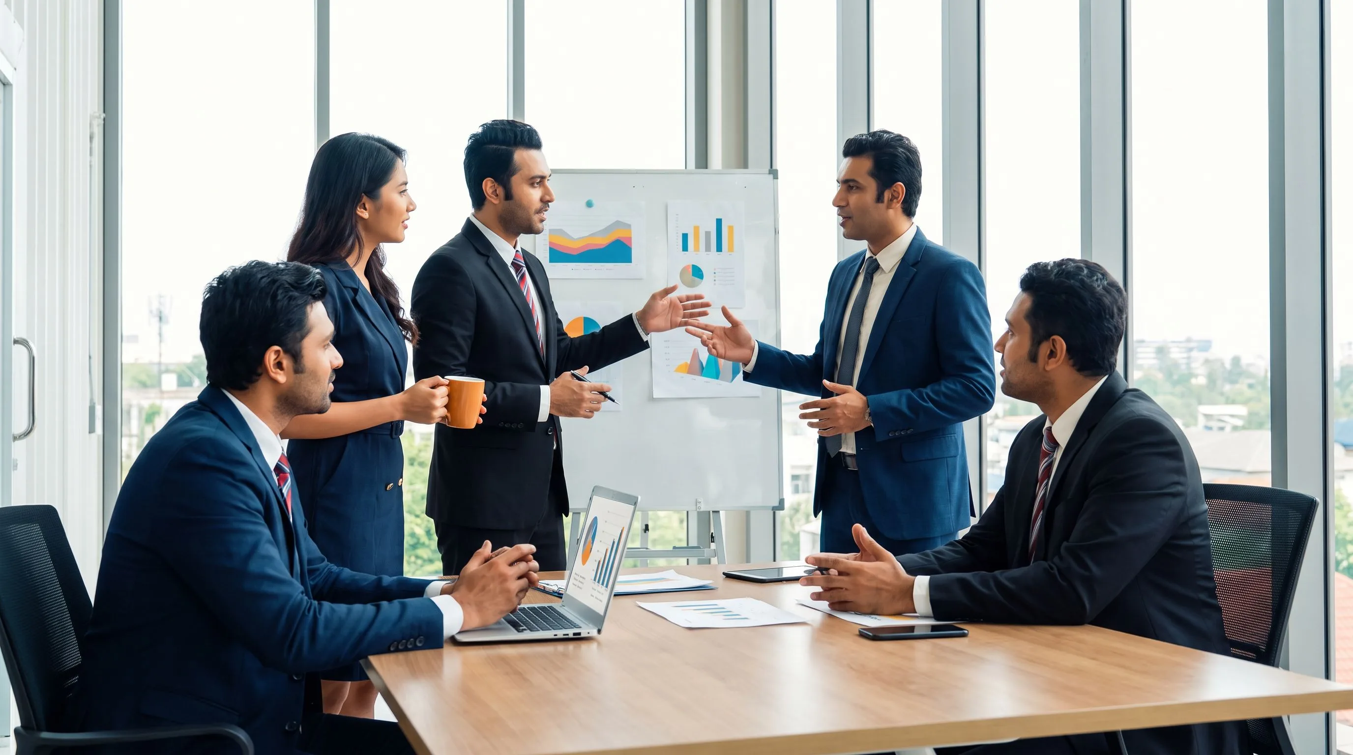 Compensation analysis chart and financial planning documents for offshore customer support salary benchmarking, orange accent items on desk