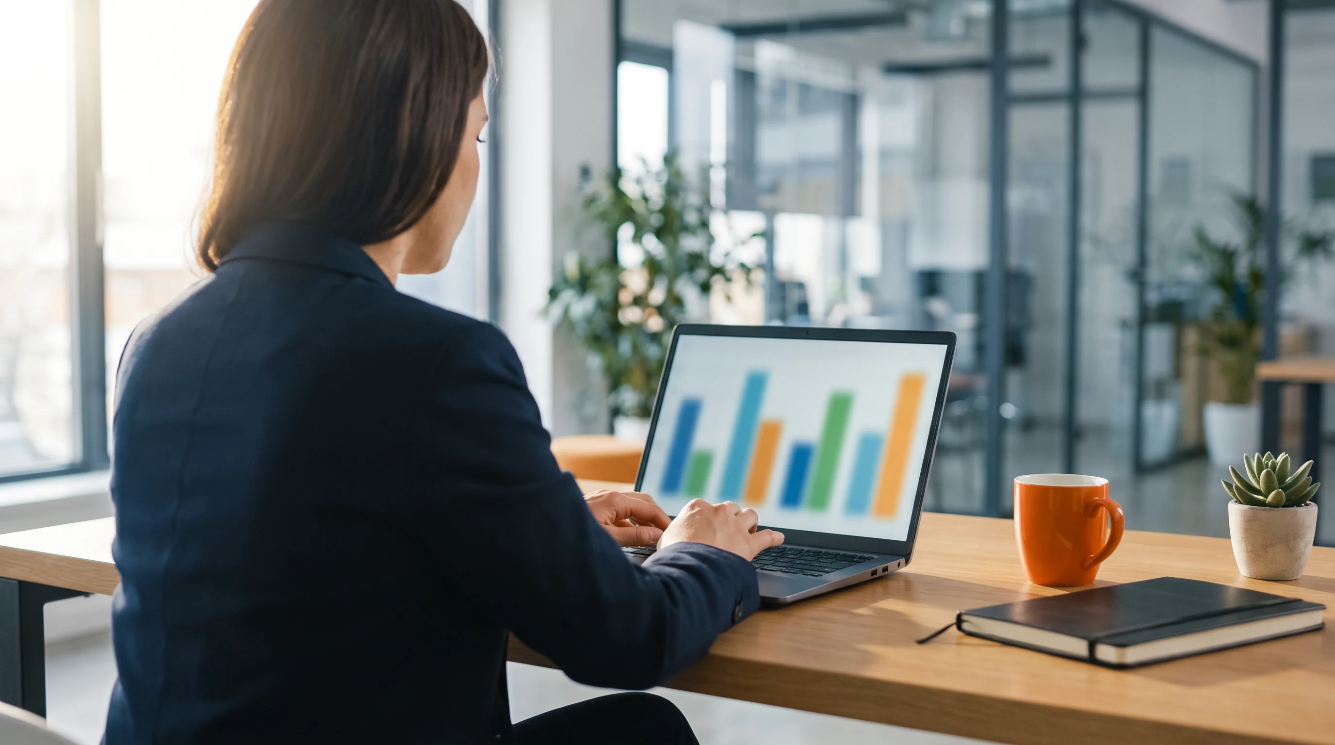 Finance team reviewing offshore customer support hiring budget spreadsheet with orange coffee mug and notebook on desk
