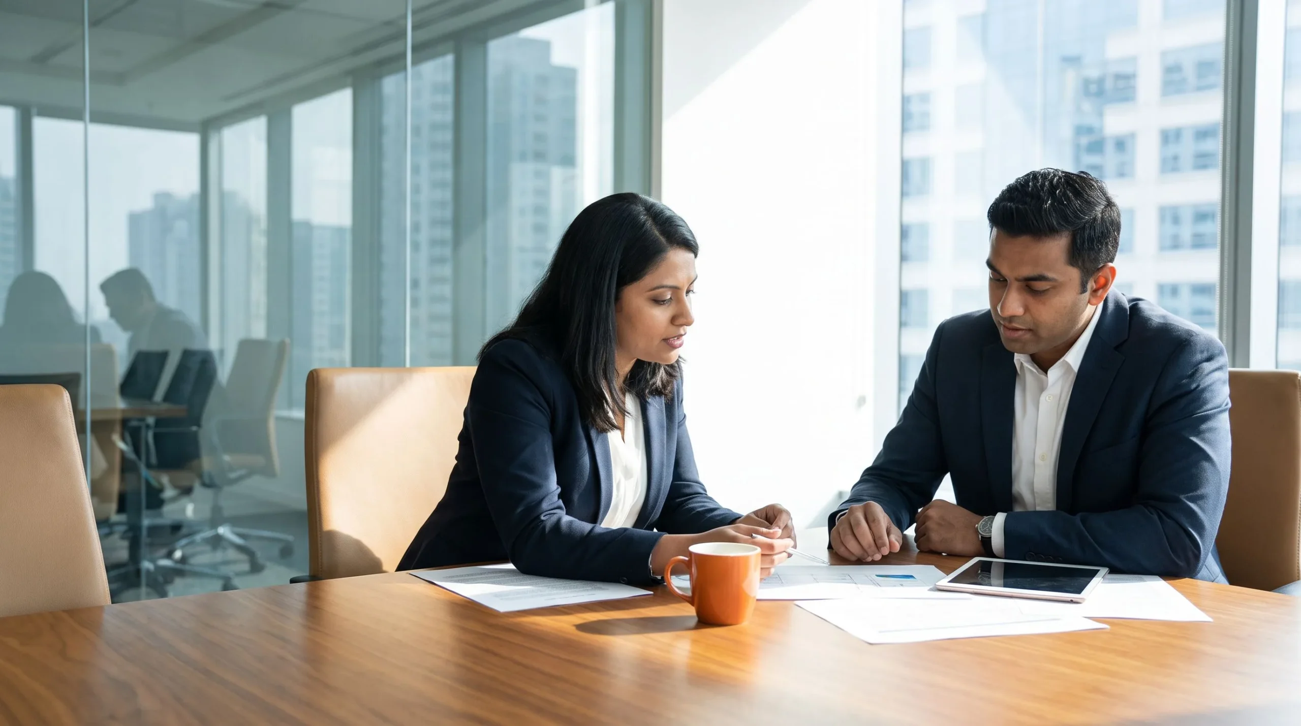 Business consultant and HR manager discussing offshore staffing strategy in conference room