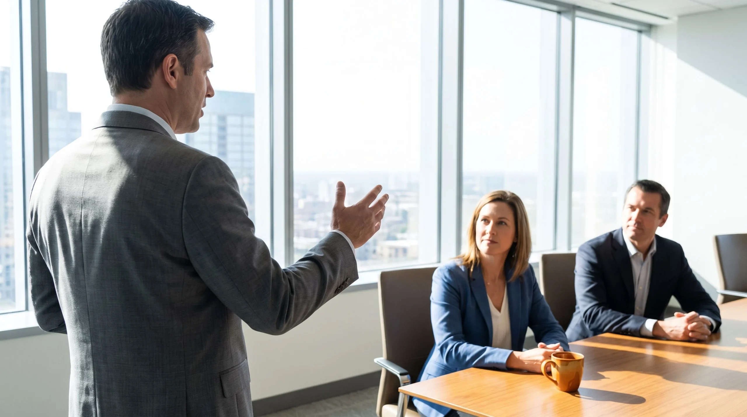 Architect presenting a roadmap slide to two executives in a conference room, over the shoulder angle showing the presenter and screen, warm orange accent on a coffee mug