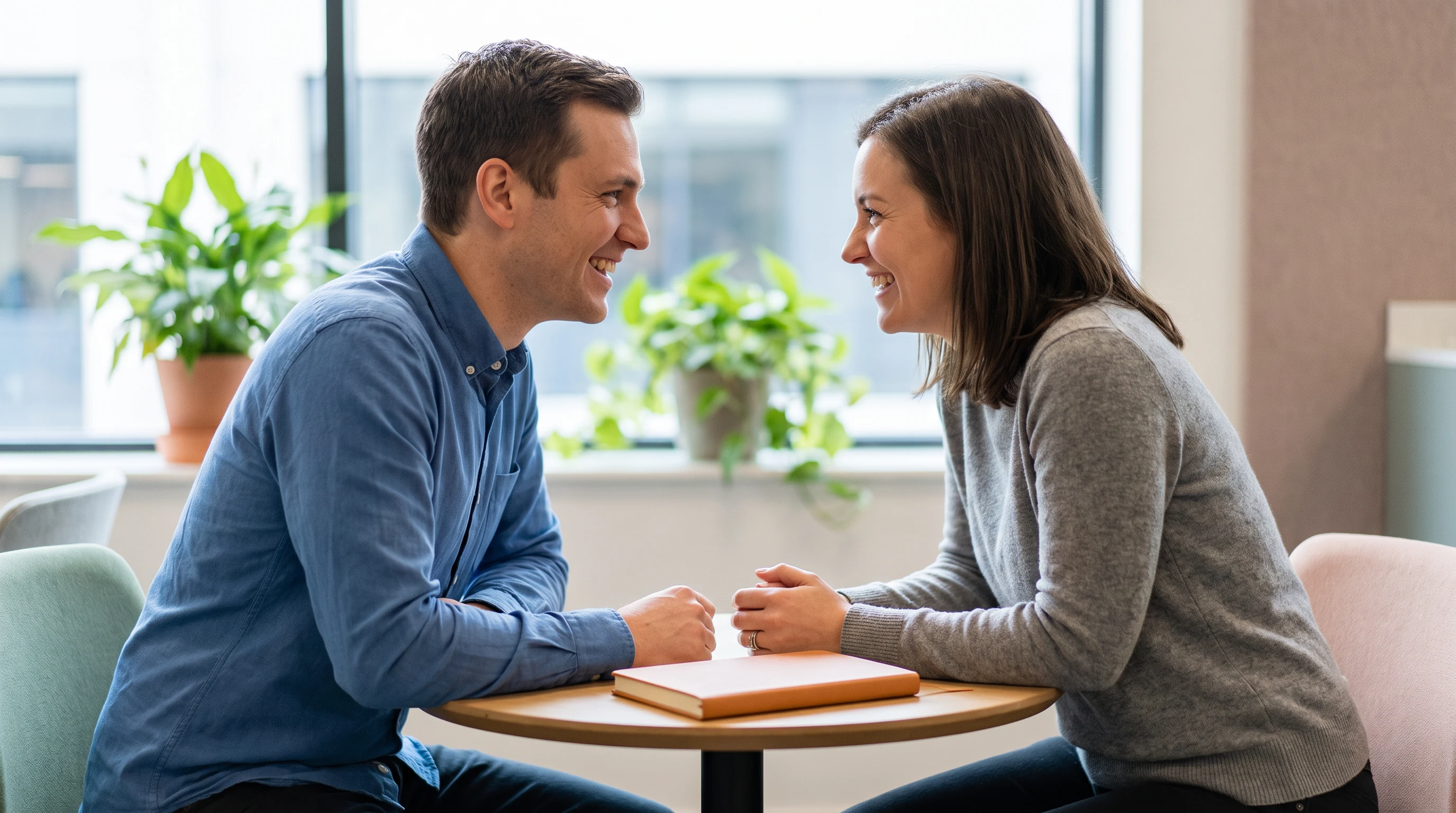 Enterprise architect candidate and hiring manager reviewing an architecture roadmap document together during an interview