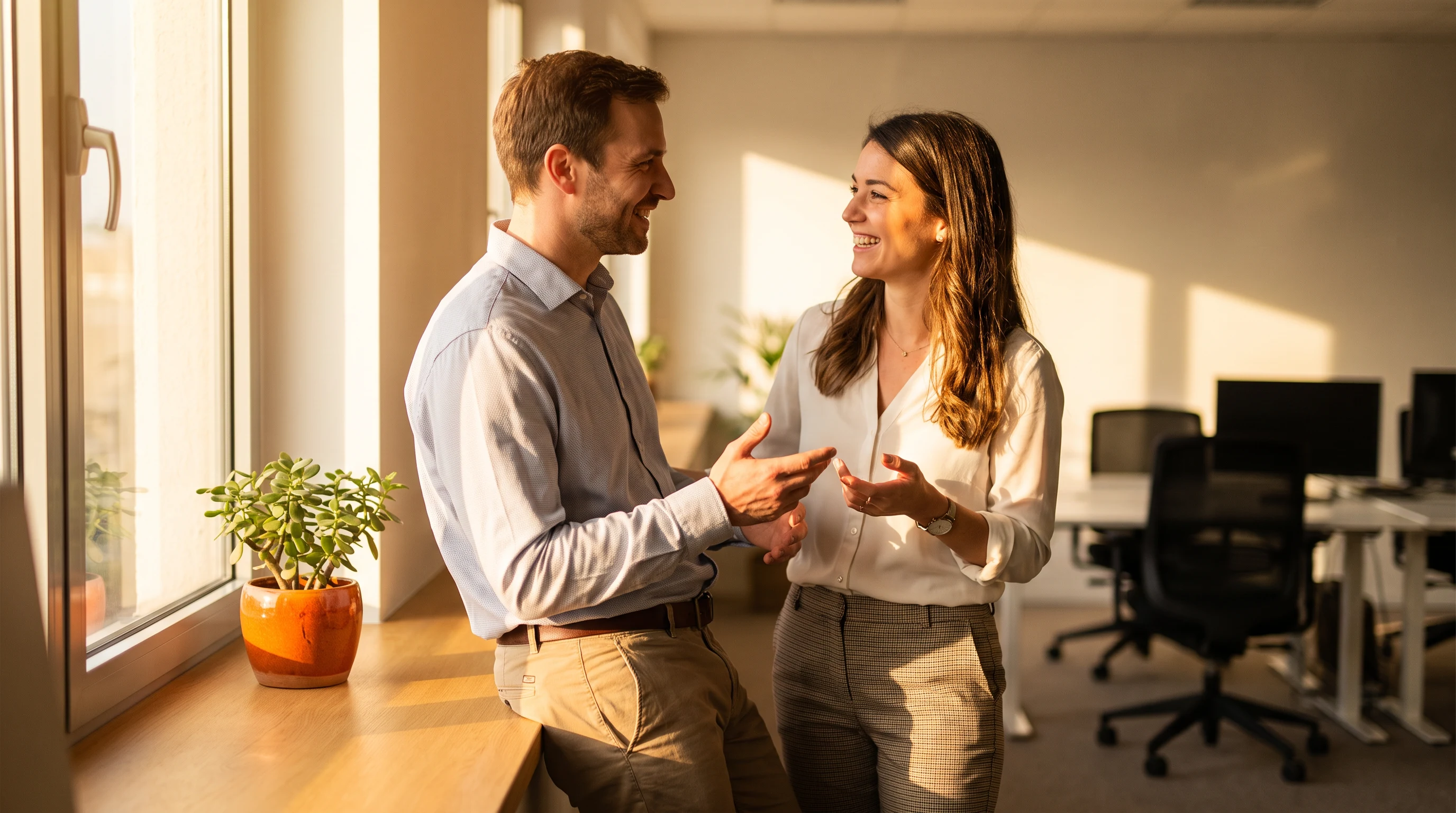 Two colleagues in an office having a focused one on one conversation about a technology decision