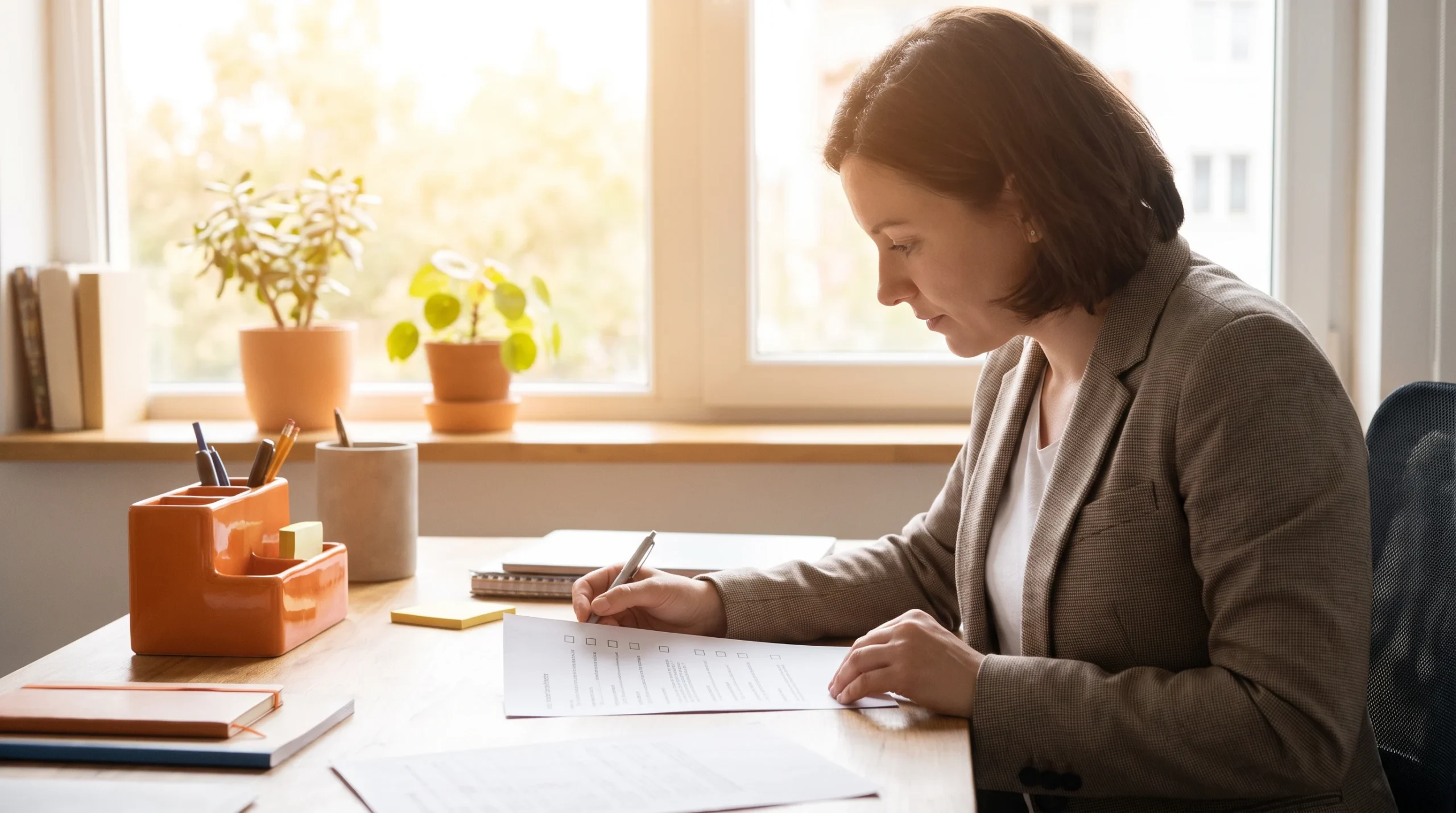 Hiring manager reviewing a printed job description checklist at a desk with an orange desk organizer, warm afternoon light