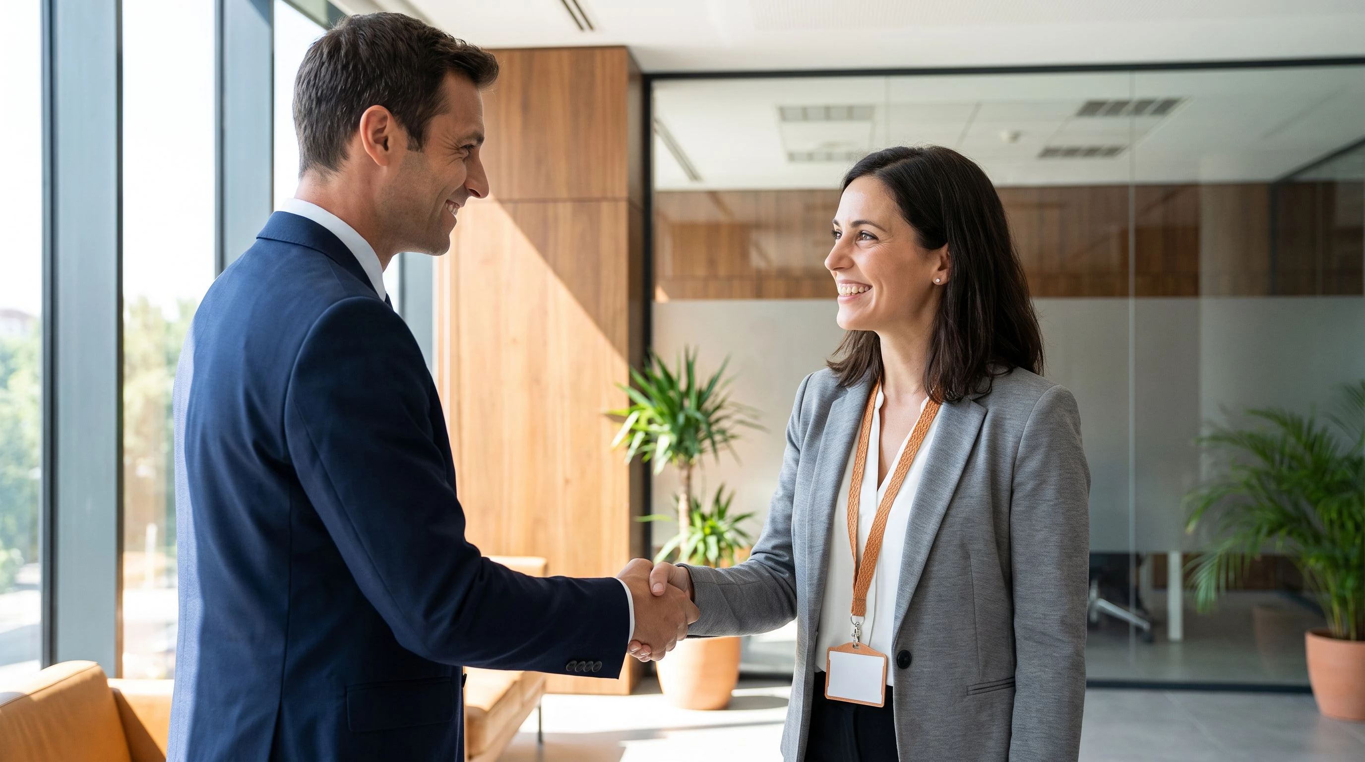 Two business professionals shaking hands in a bright office lobby after a successful hire, warm orange lanyard accent