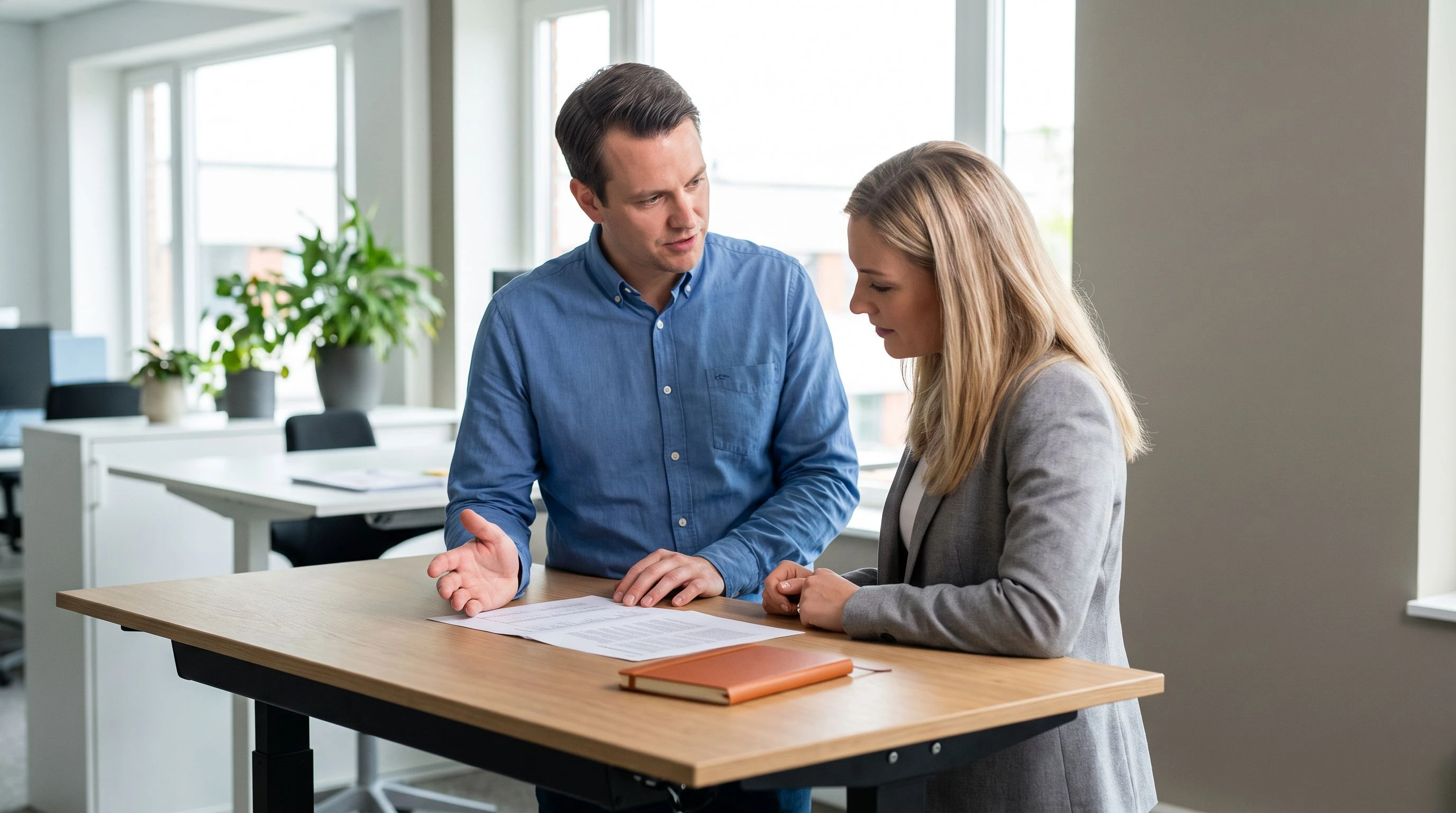 Two colleagues reviewing a printed architecture document together at a standing desk, warm orange notebook accent