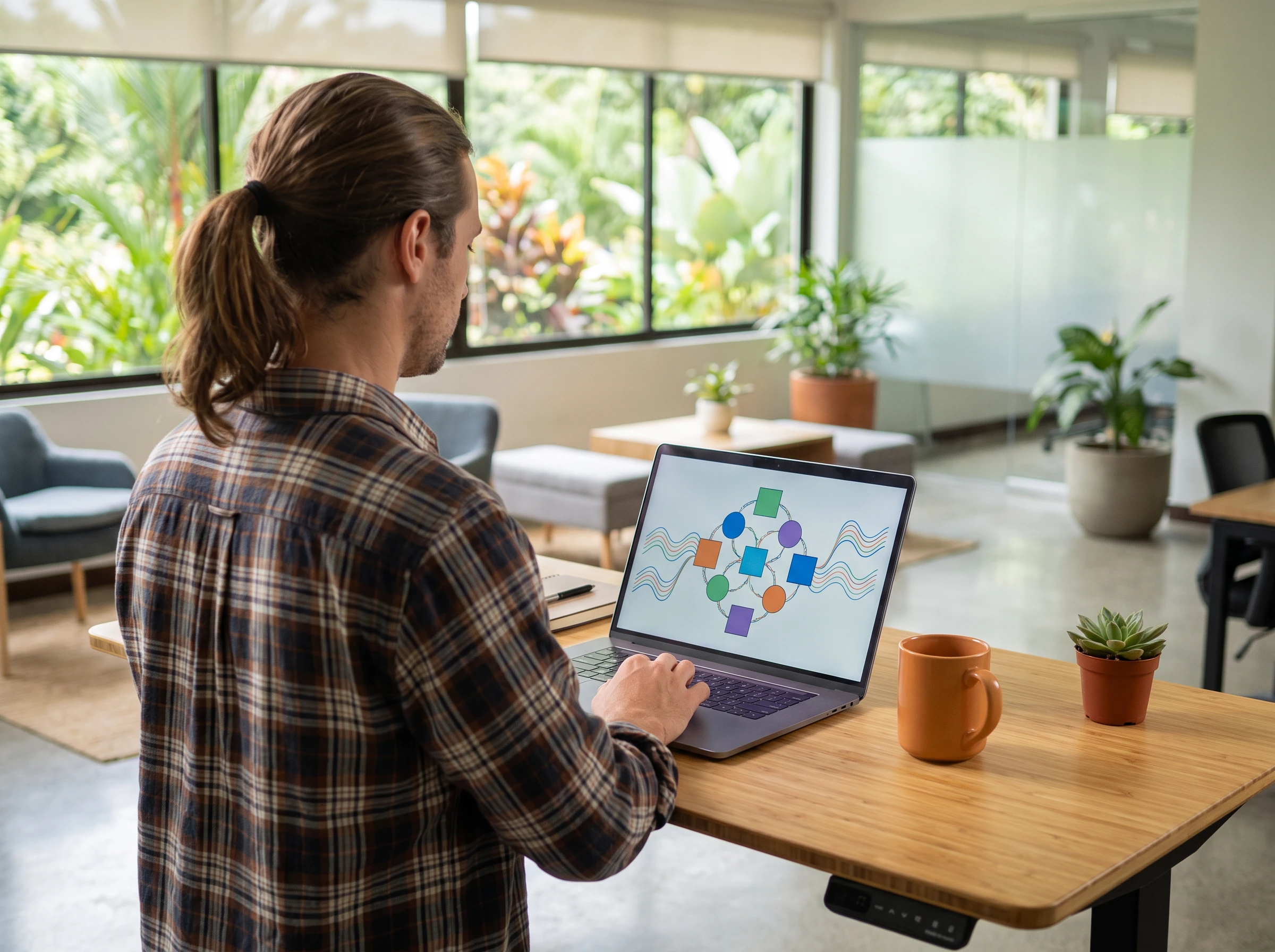 Nearshore forward deployed engineer reviewing an API integration diagram on a laptop screen with a client's technical team