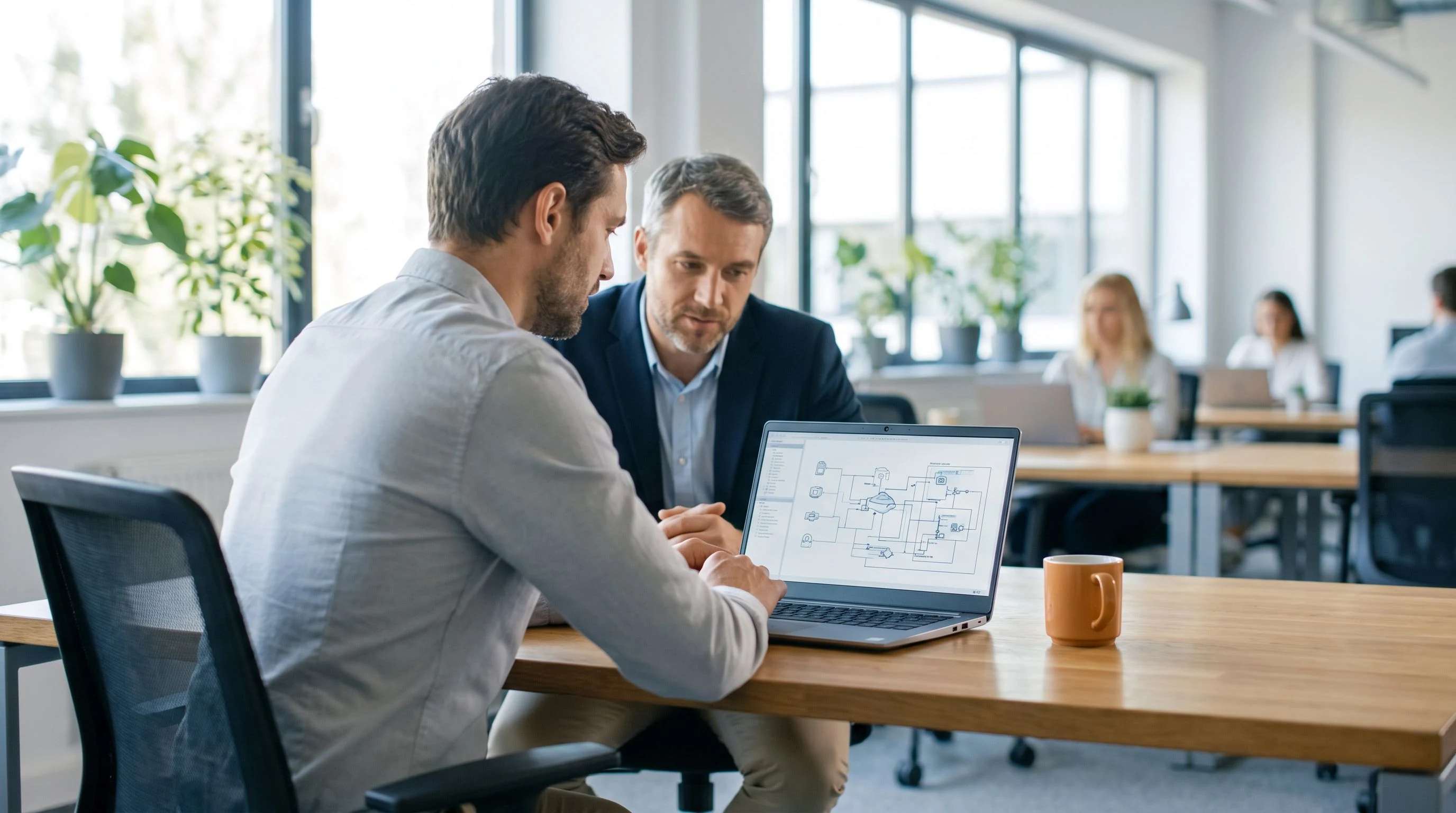 Forward deployed engineer and hiring manager reviewing integration architecture on a laptop in a modern office with warm orange accents