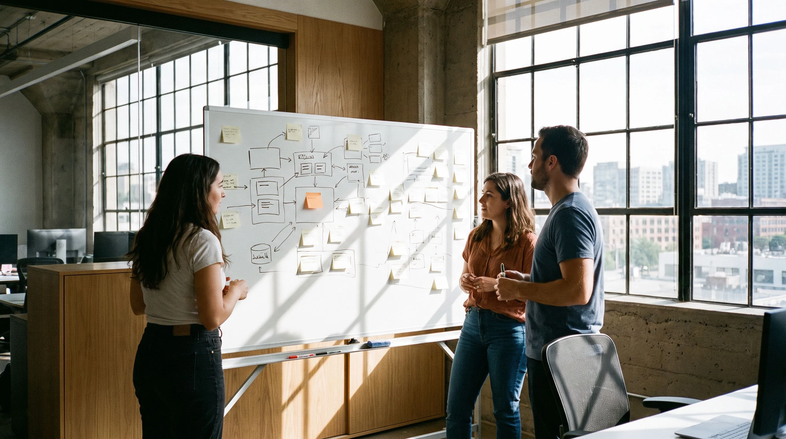 Engineering team mapping a customer deployment architecture on a whiteboard with sticky notes in a bright office