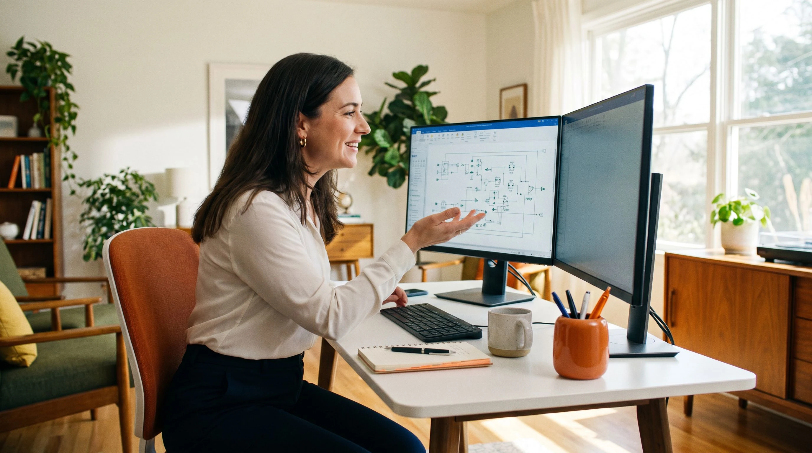 Forward deployed engineer candidate on a video call screen share walking through an integration diagram, dual monitors, warm orange desk accent