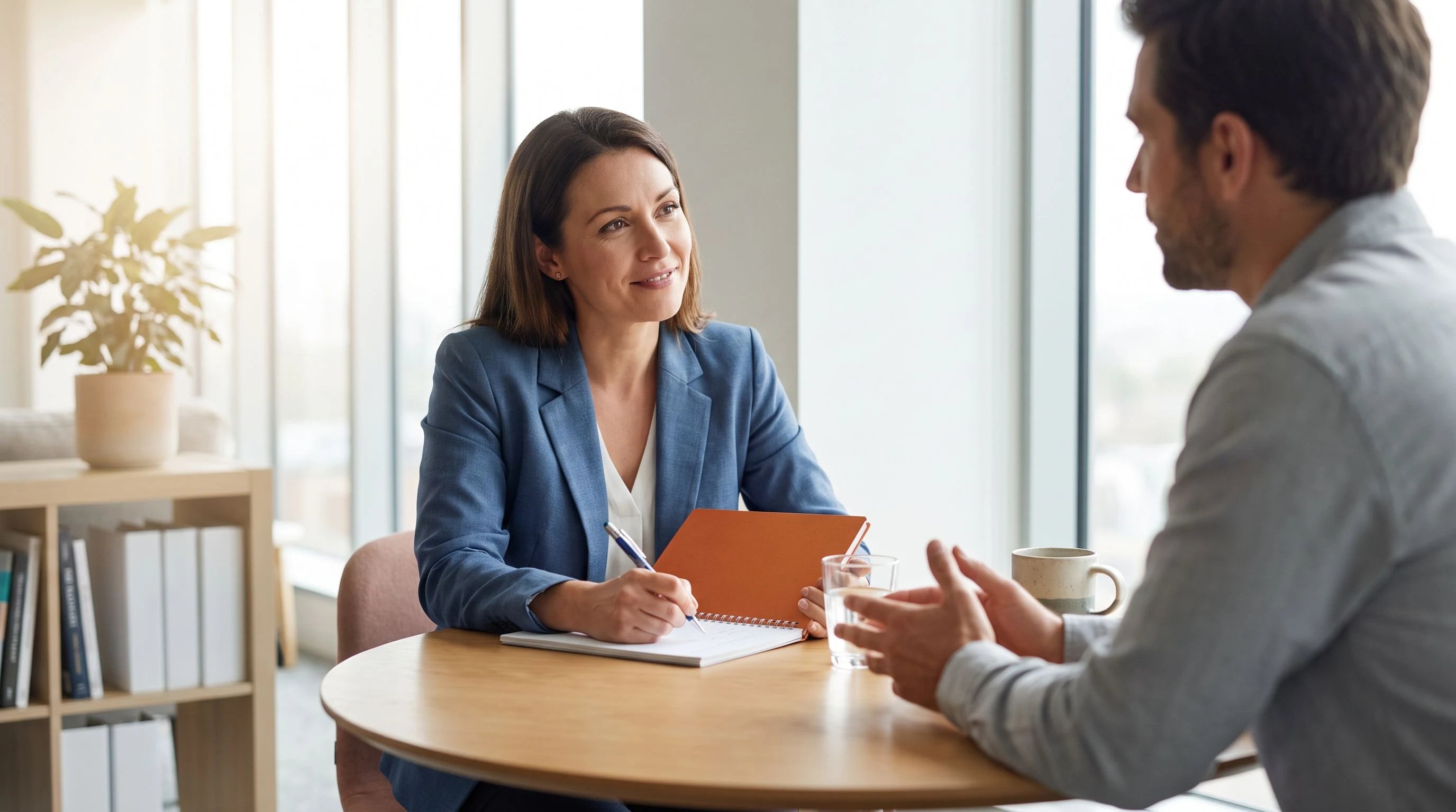 Interviewer taking notes while a candidate answers a behavioral question across a table, warm orange notebook cover visible