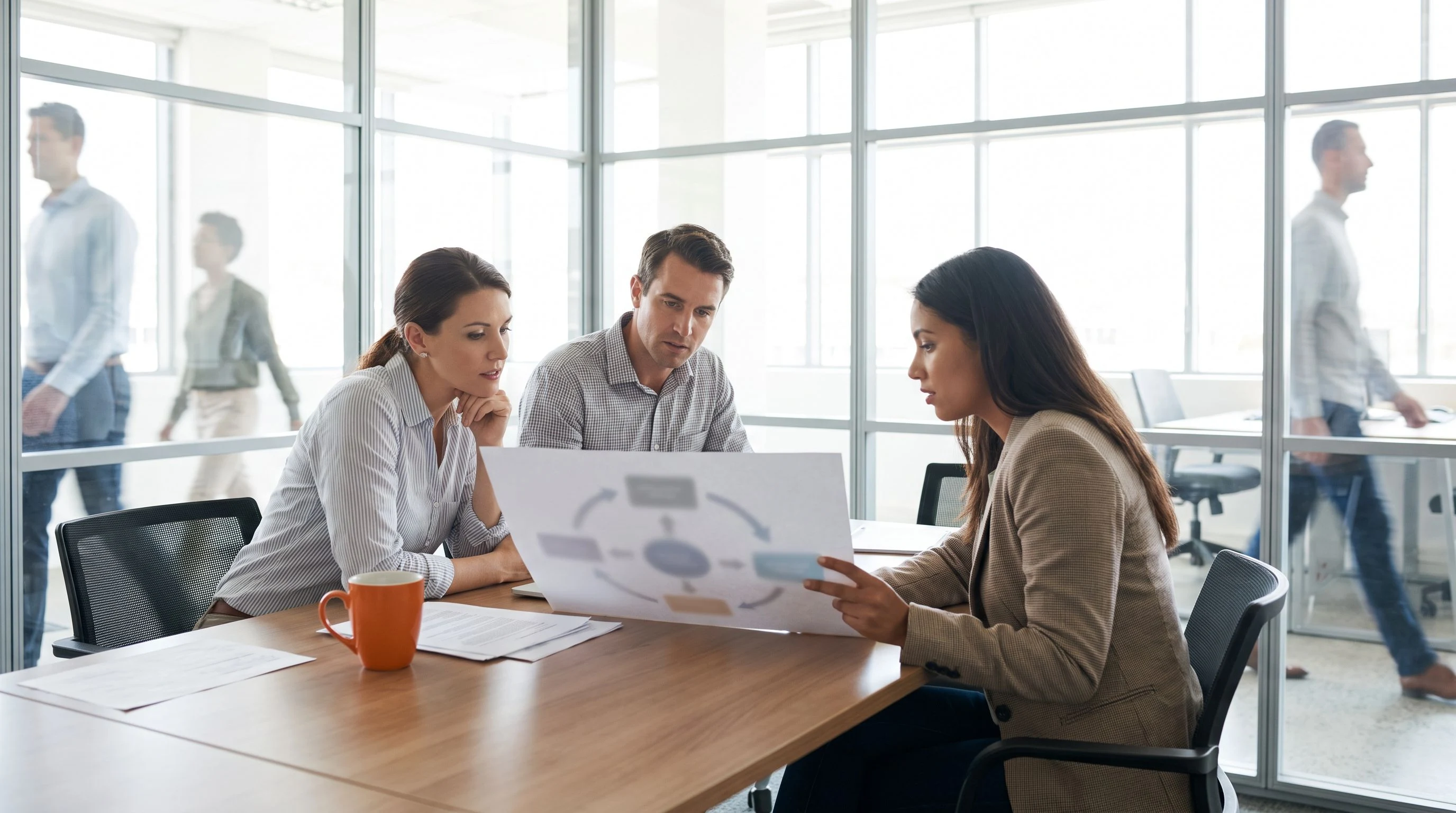 Two interviewers and a candidate at a table reviewing a systems architecture printout, warm orange coffee mug on the table