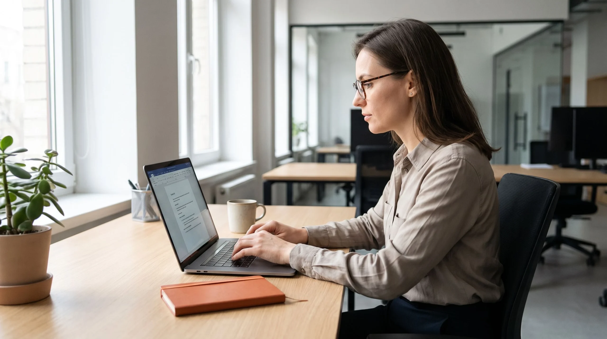 Hiring manager typing a Forward Deployed Engineer job description on a laptop at a desk with a warm orange notebook accent