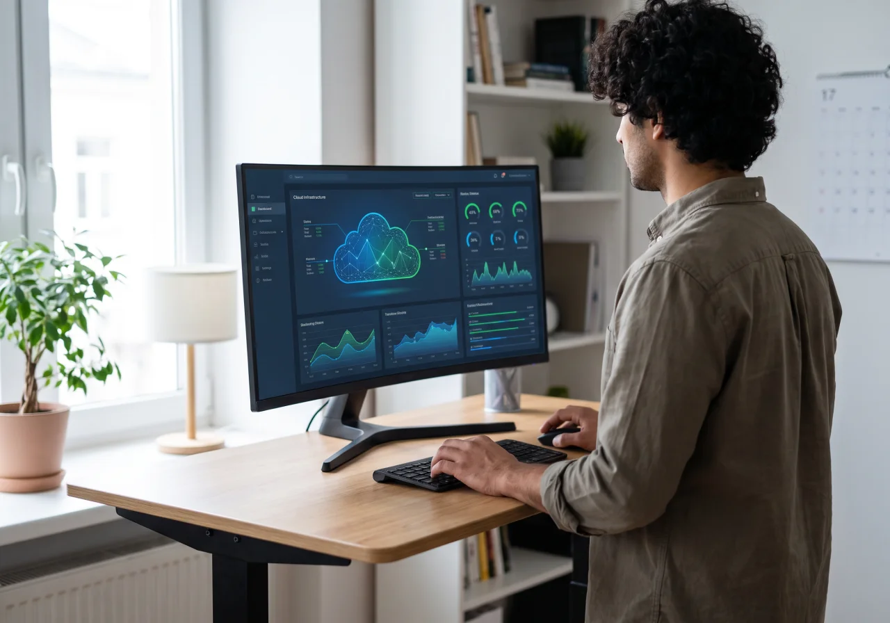 Nearshore forward deployed engineer at a standing desk configuring a cloud deployment dashboard during an onboarding sprint