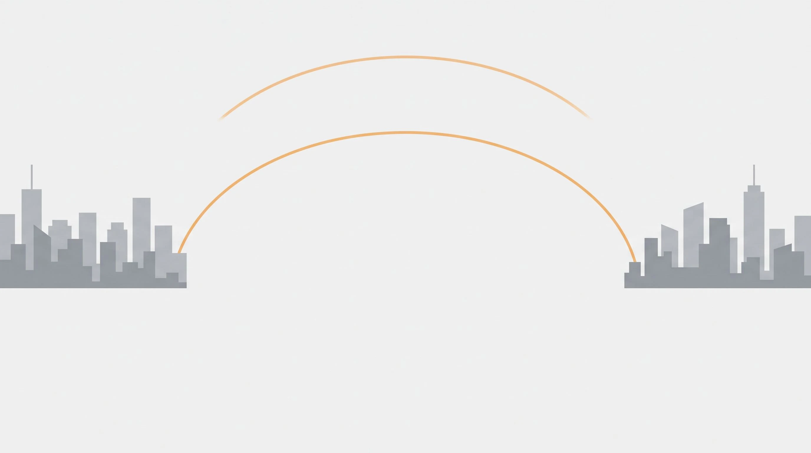 Split comparison graphic showing a US city skyline and a Latin America city skyline connected by a timezone overlap arc, warm orange accent line