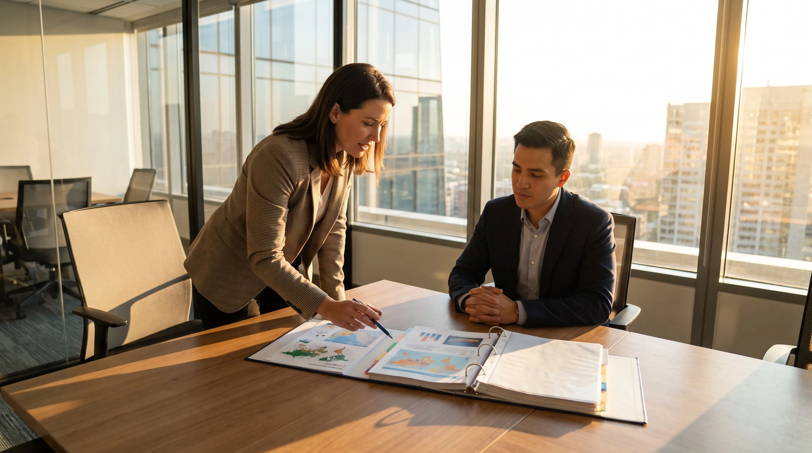 Hiring manager reviewing a GIS analyst portfolio with spatial analysis maps and Python scripts