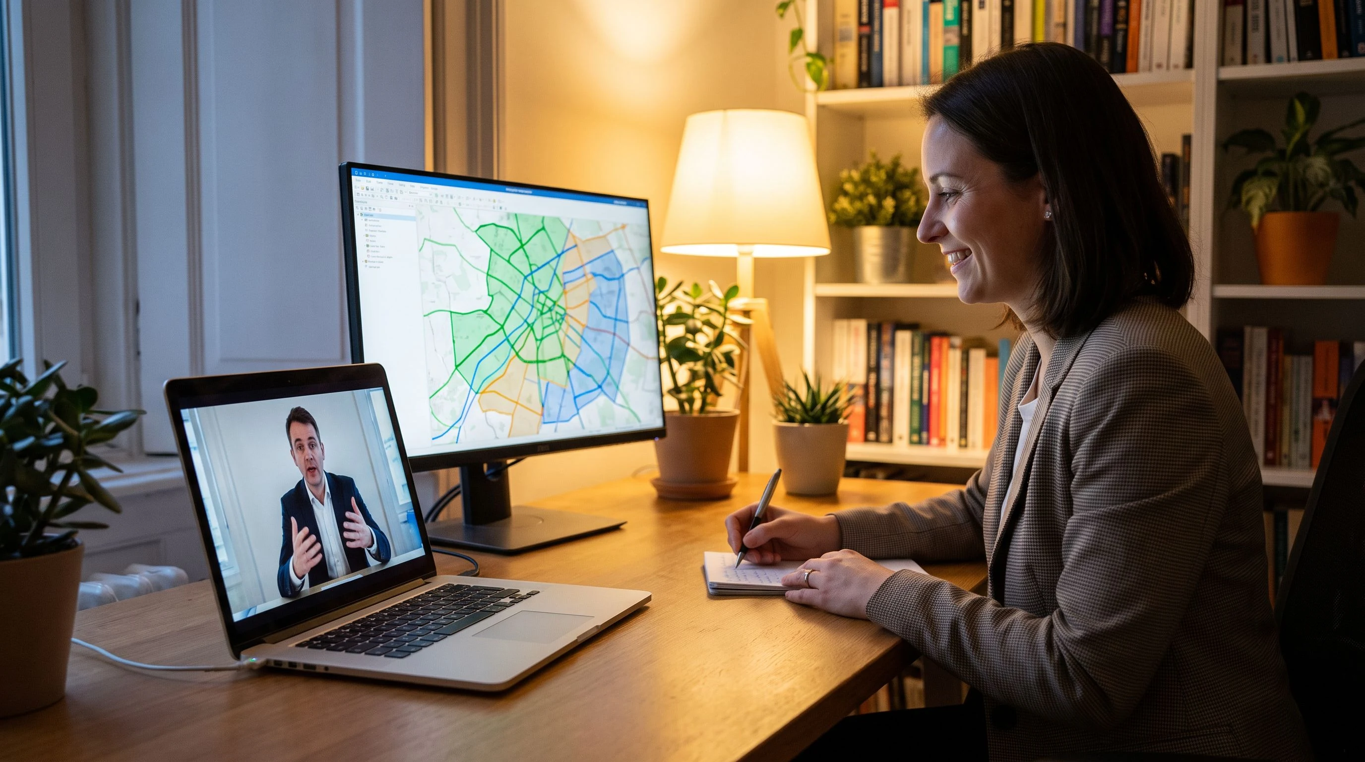 Remote GIS analyst interview via video call with spatial data visualizations visible on second monitor