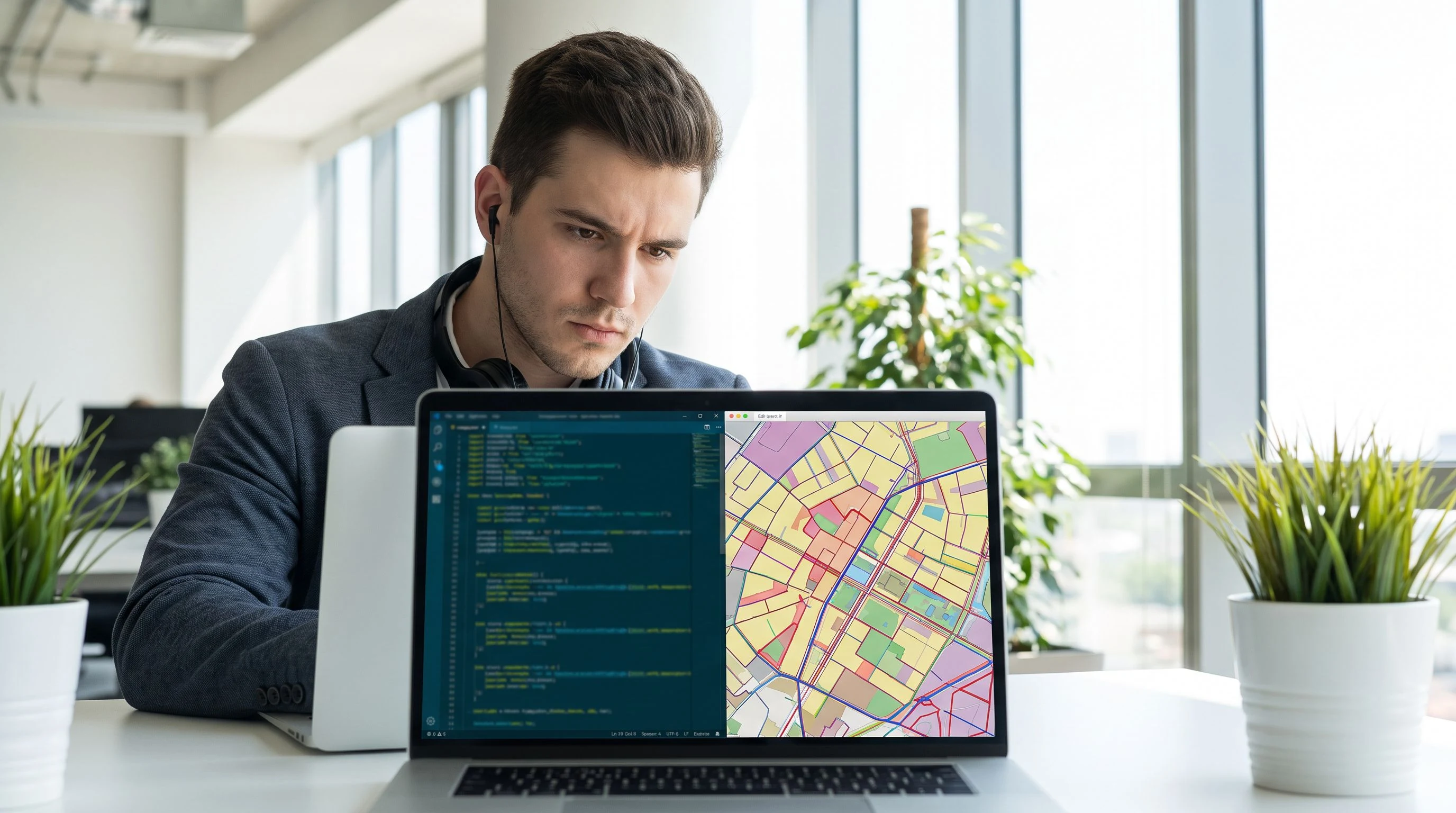GIS analyst candidate completing a PostGIS and Python scripting technical screen on laptop
