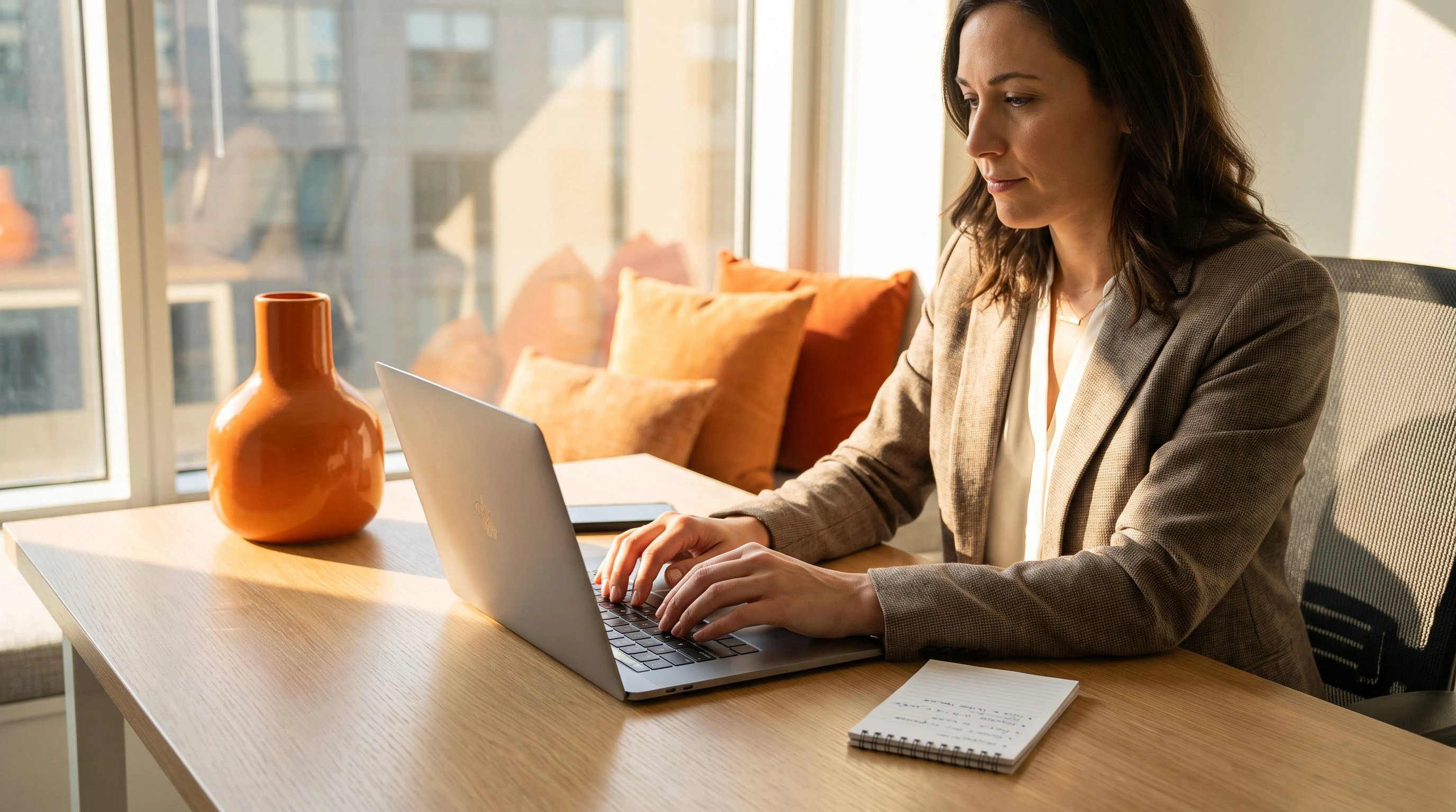 Hiring manager typing a GIS analyst job description on laptop in bright modern office